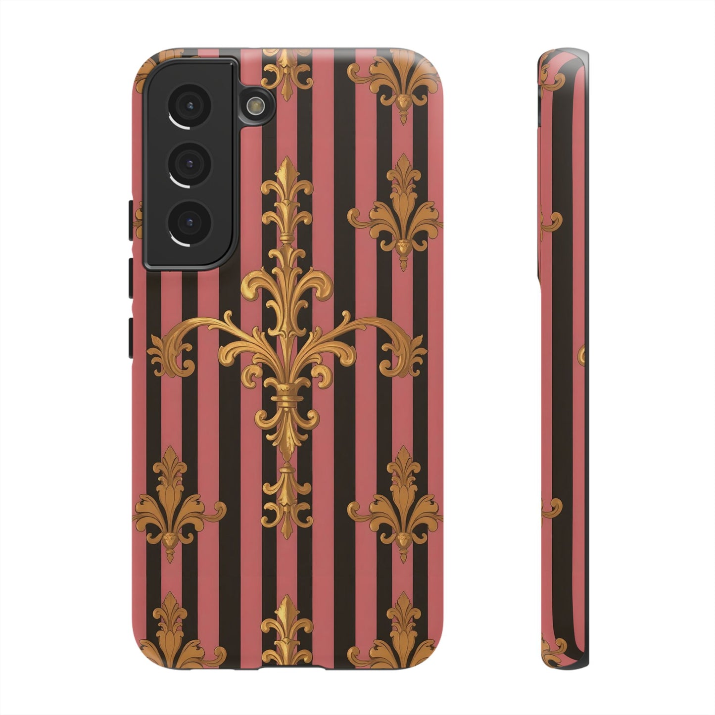 Elegant Floral Motif Phone Case - Tough Cases with Vintage Design - Mauve Striped Gold Damask