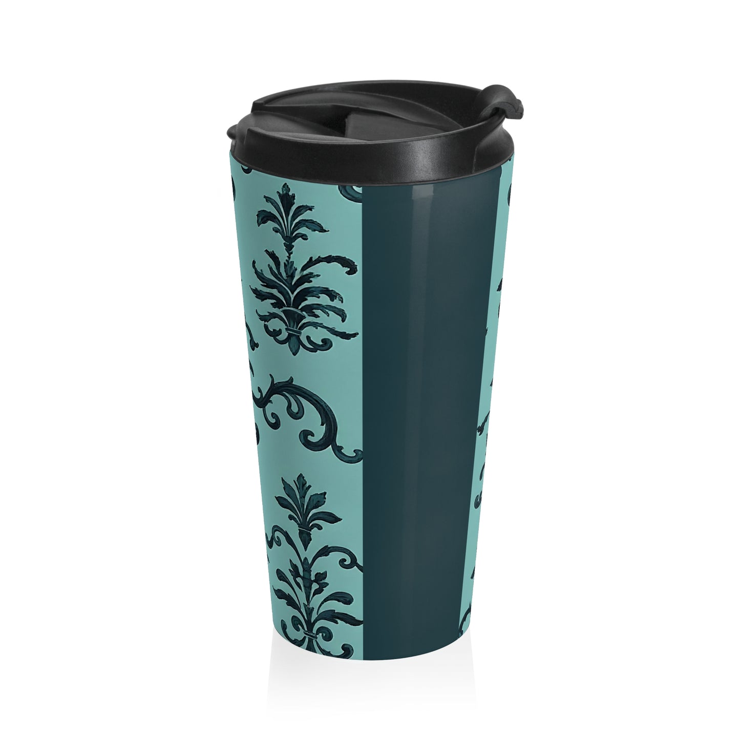 Elegant Floral Travel Mug for Coffee Lovers, Stylish Insulated Travel Cup, Gift for Her, Perfect for Work, Eco-Friendly Drinkware - Teal Striped Rococo