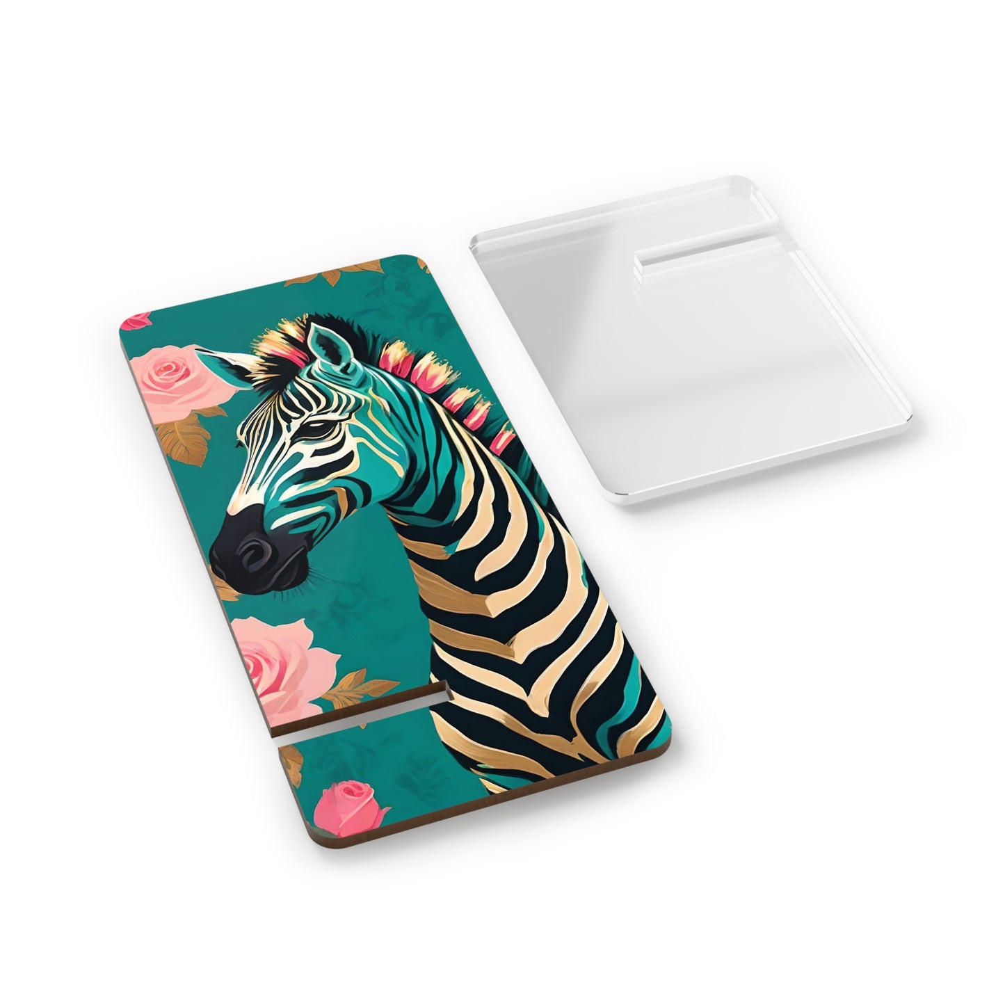 Smartphone Stand - Elegant Zebra Design - Teal & Gold Zebra & Roses Decorative Holder