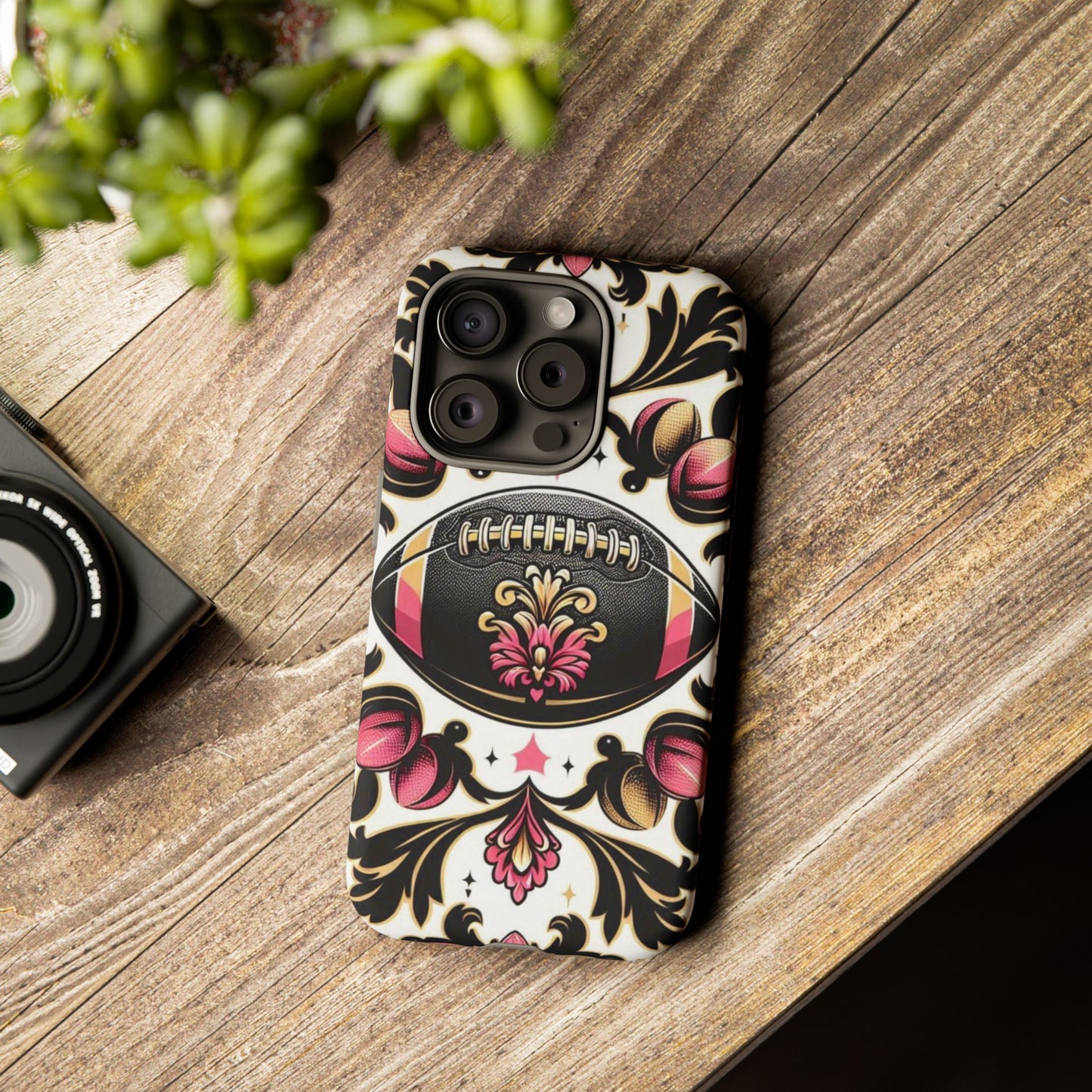 Elegant Floral Motif Phone Case - Tough Cases with Vintage Design - Damask White, Pink Gold & Black Football