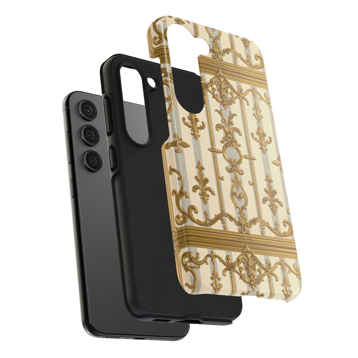 Elegant Gold Pattern Tough Phone Cases | Stylish Phone Covers, Trendy Cell Phone Accessories - Matte Gray & Cream Striped Gold Baroque
