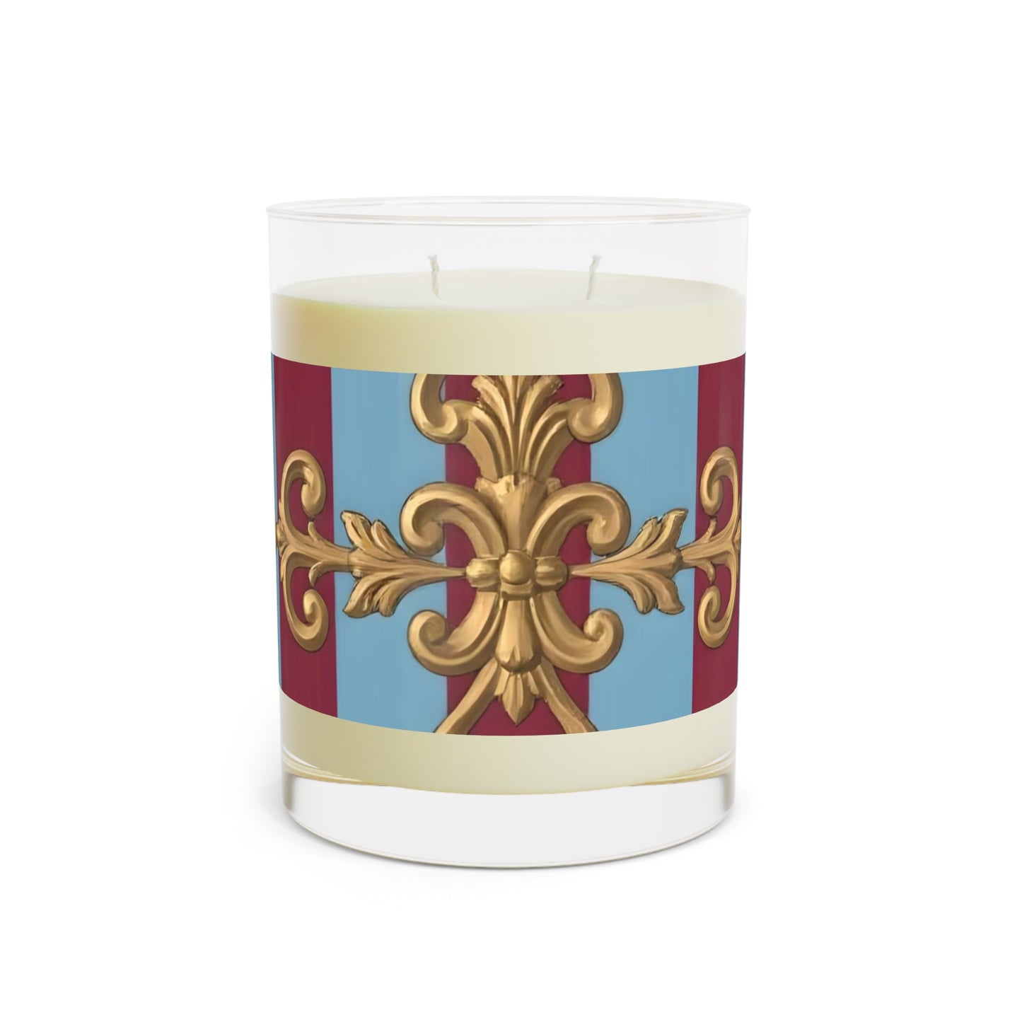 Elegant French-Inspired Scented Candle - Home Decor, Aromatherapy Gift, Luxurious Relaxation - Sky Blue & Maroon Striped Baroque