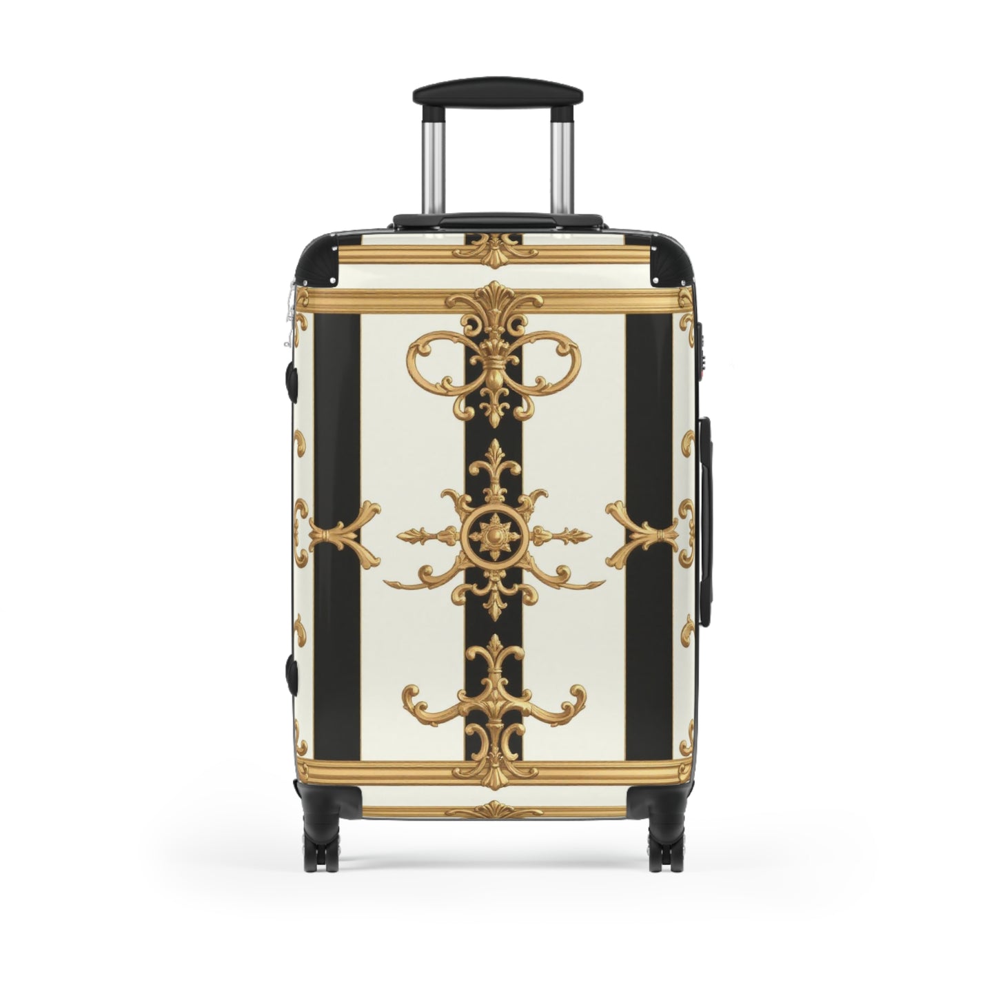 Elegant Black and Gold Travel Suitcase, Luxurious Luggage for Fashionable Travelers, Stylish Carry-On - Black & White Striped Gold Baroque