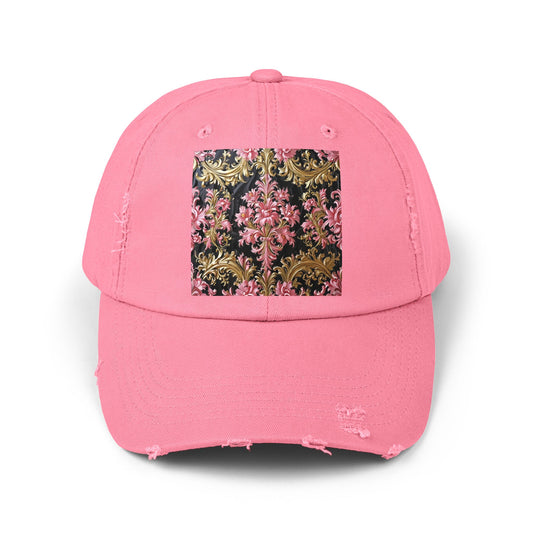 Vintage Floral Distressed Cap | Trendy Hat for Casual Outfits, Gifts for Her, Summer Accessories - Black & Pink Oil Painting Style Rococo