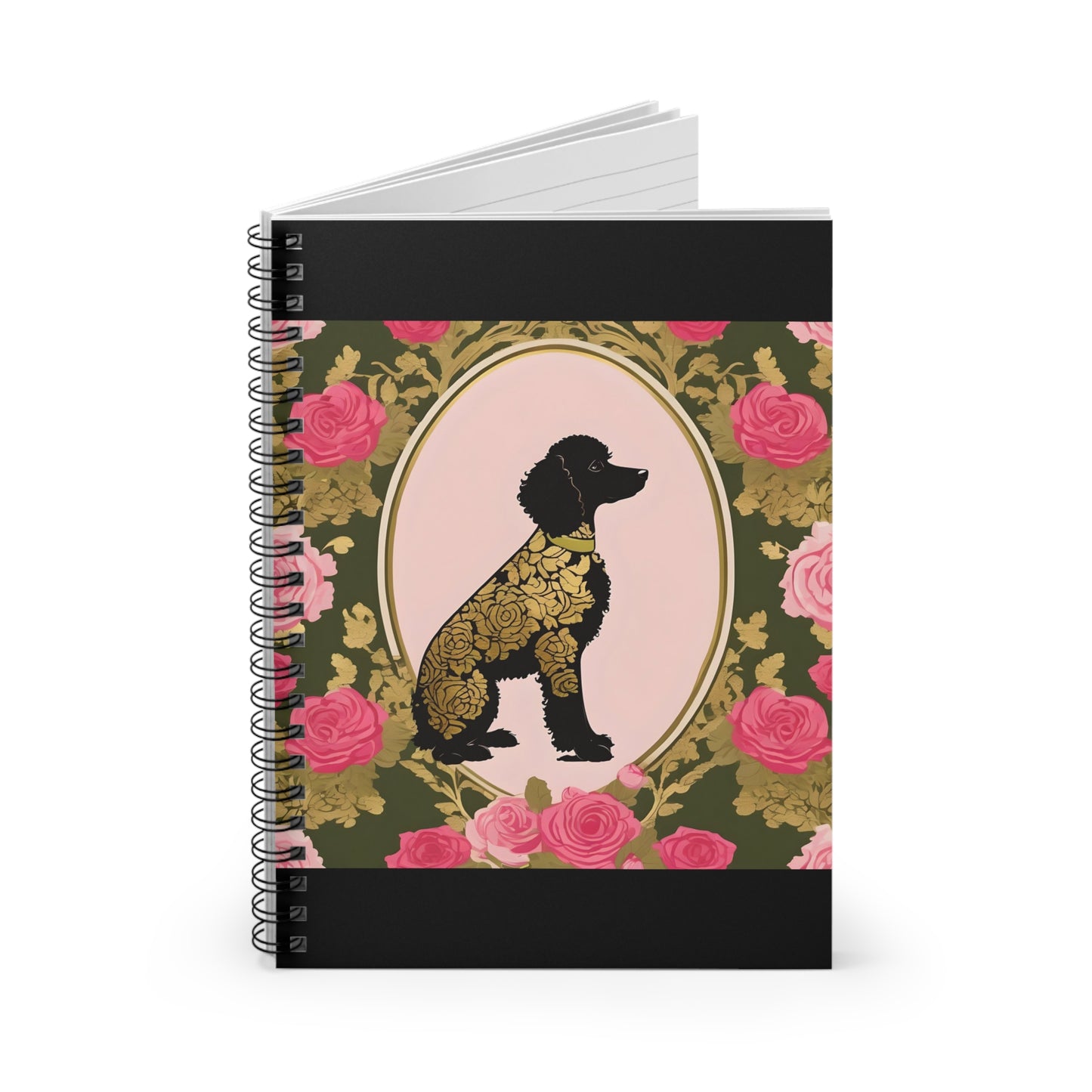 Elegant Vintage Spiral Notebook - Ruled Line with Damask Black & Gold Poodle in Olive & Pink Roses