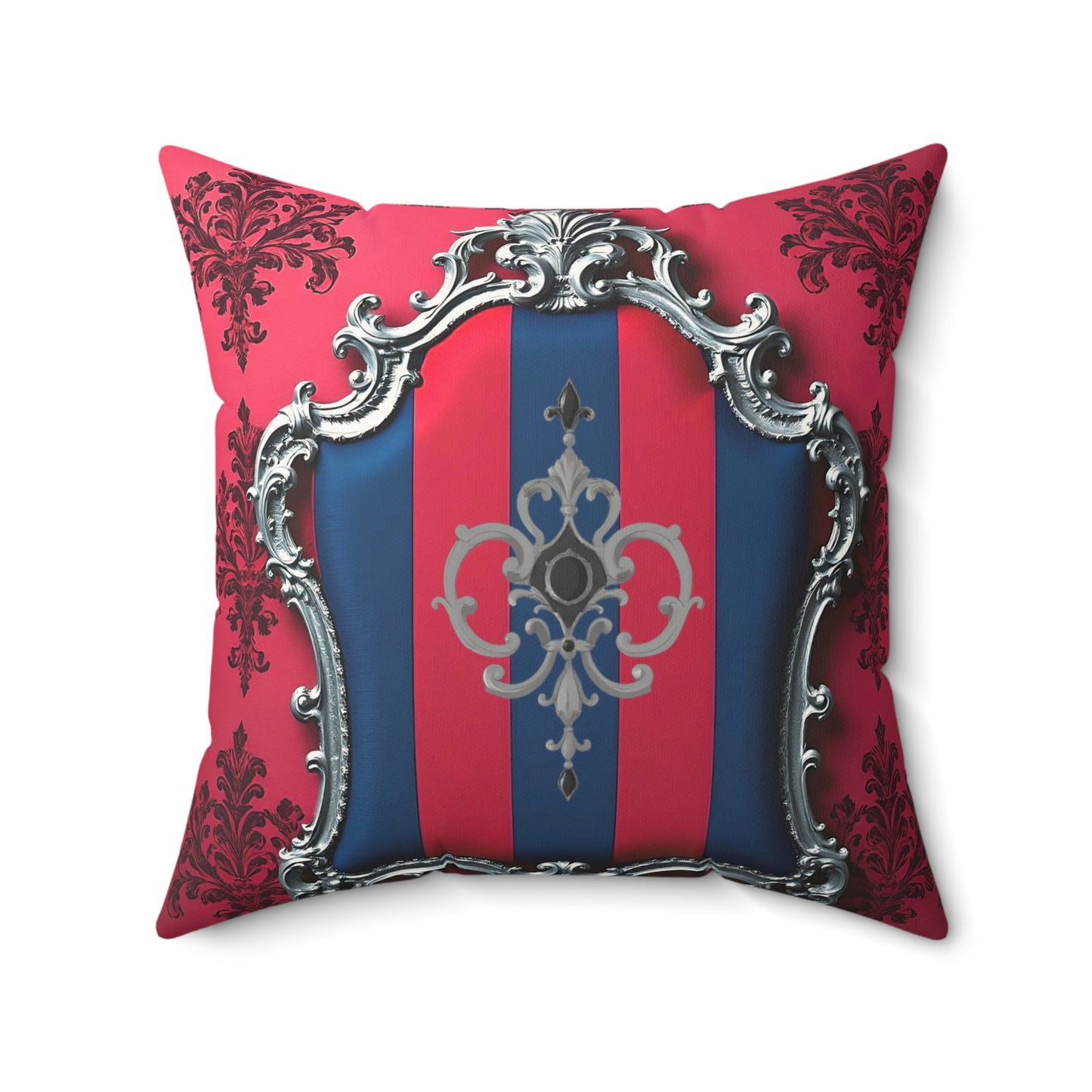 Luxurious Faux Suede Square Pillow with Elegant Pattern, Home Decor, Sofa Accent, Living Room Accent - Blue & Red Striped Silver Crest