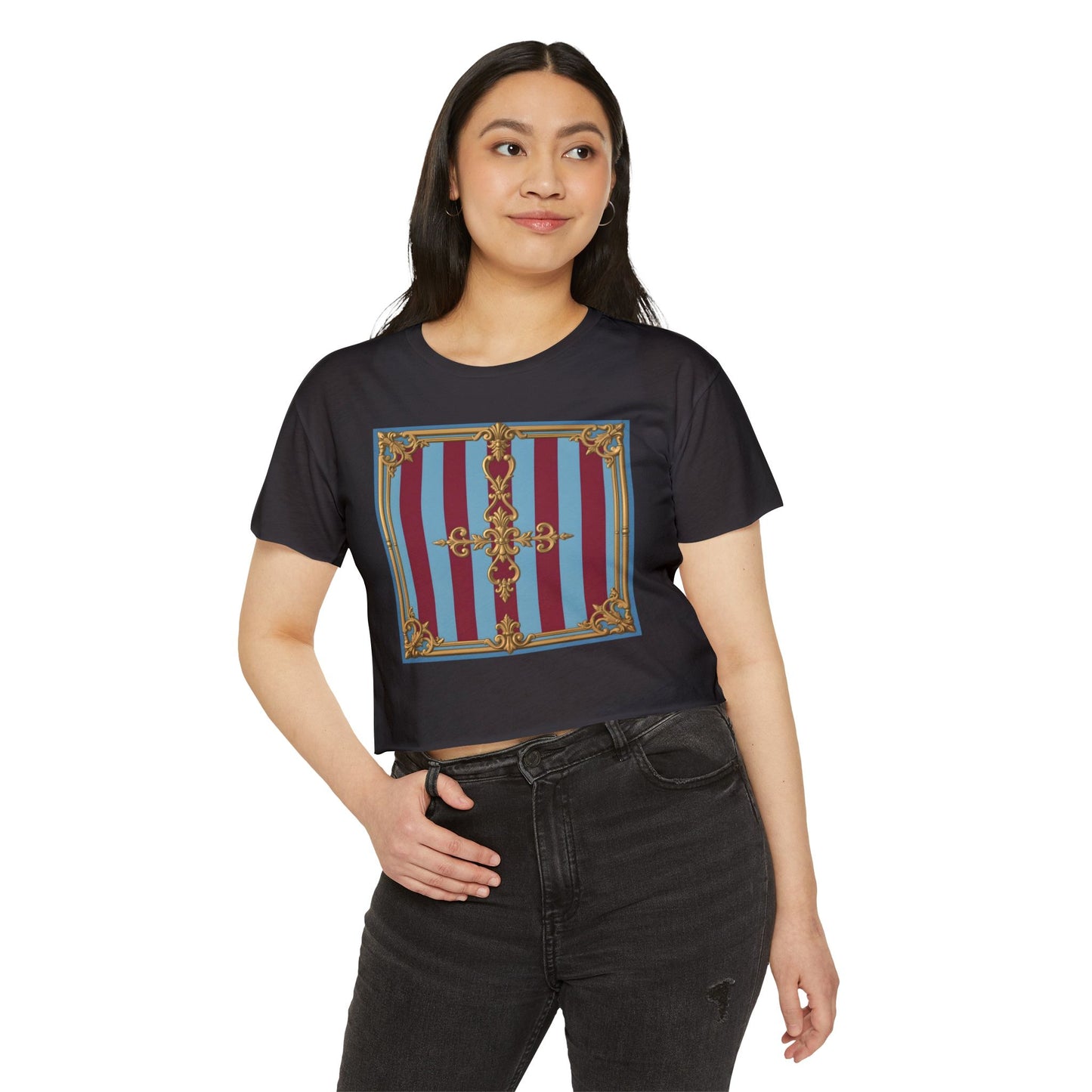 Women's Baroque Festival Crop Top, Summer Crop Tee, Casual Festival Wear, Concert Top, Eco-Friendly Fashion - Sky Blue & Maroon Striped Baroque