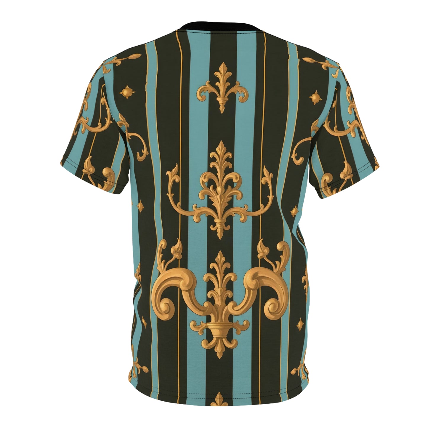 Elegant Patterned Unisex Tee, Vibrant Graphic T-Shirt, Fashionable Casual Top, Unique Gift for Him/Her - Black & Turquoise Striped Baroque