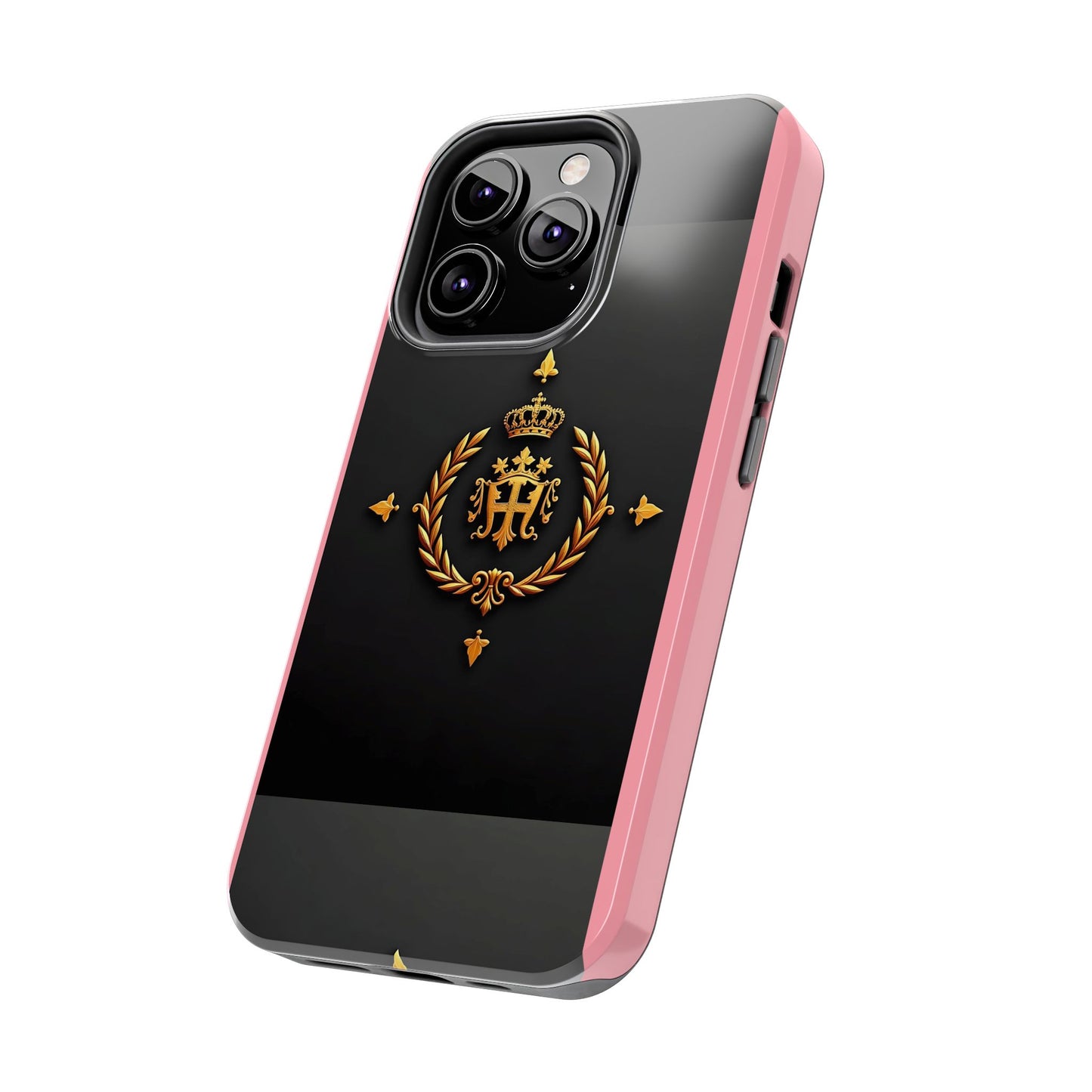 Tough Phone Case with Regal Design - Elegant Phone Protection, Gift for Him/Her, Royalty Inspired - Pink Striped Gold Crest
