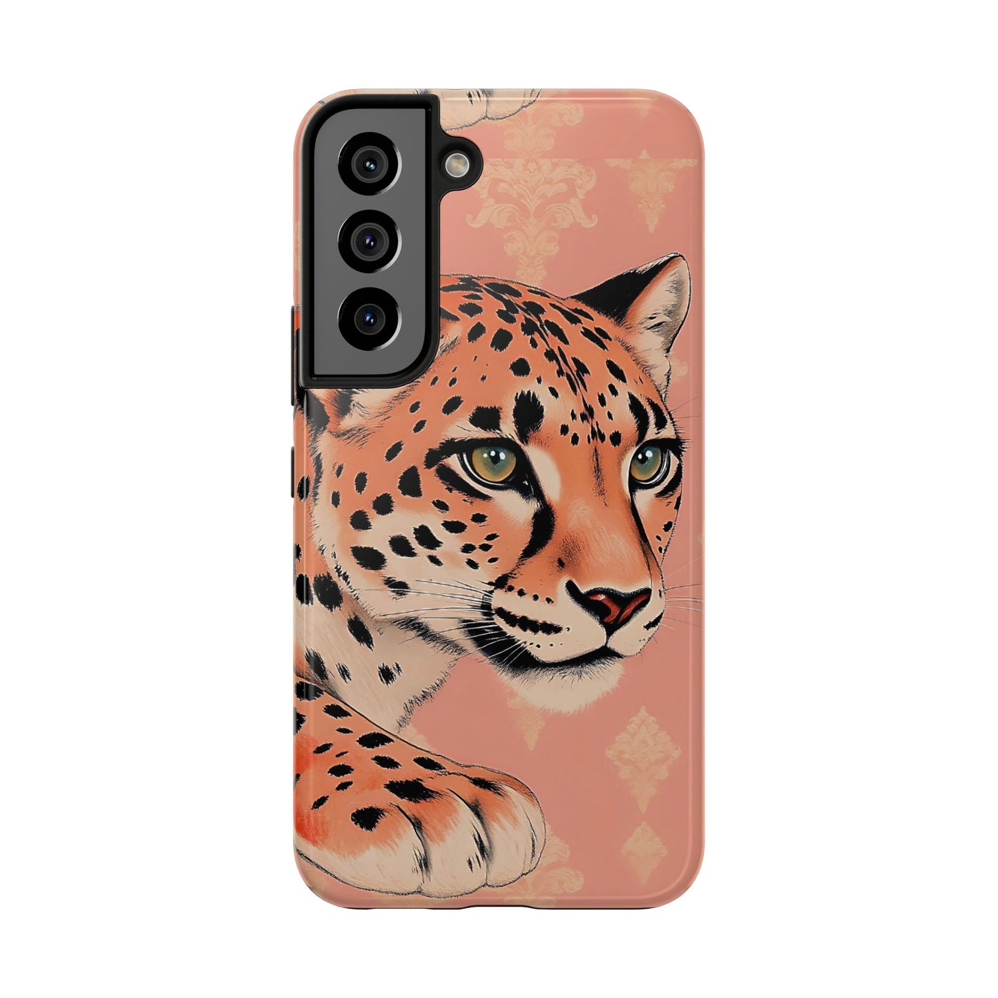 Leopard Tough Phone Case - Trendy Floral Motif Design for Animal Lovers - Peach Leopard & Damask