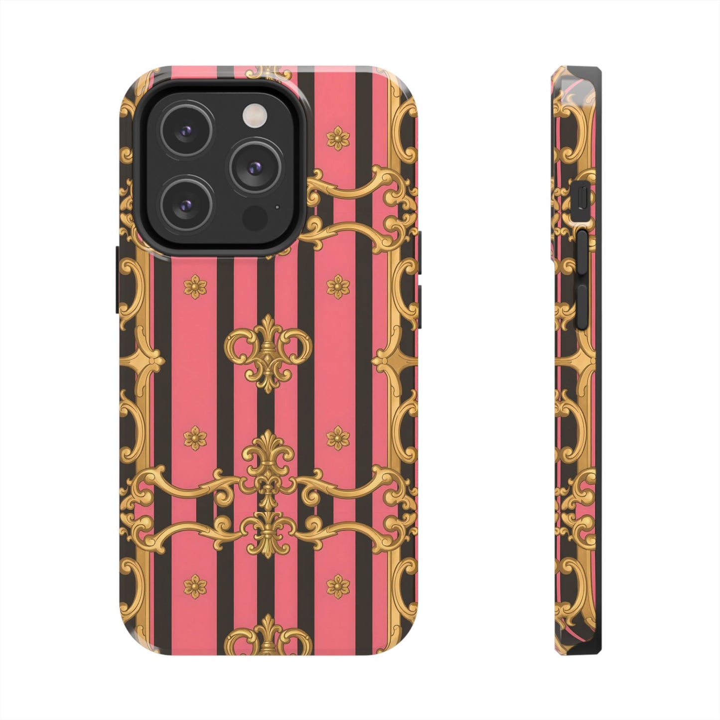 Elegant Baroque Tough Phone Cases, Stylish Protection, Gift for Her, Trendy Accessory - Pink & Black Striped Gold Baroque