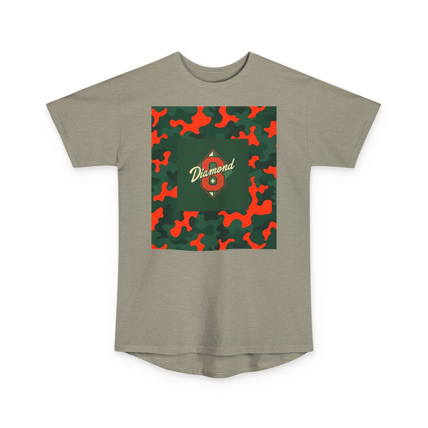 Urban Camo Long Body Tee, Trendy Streetwear, Summer Fashion Top, Unisex Casual Shirt, Gift for Him/Her - Green & Orange Camo Diamond 8