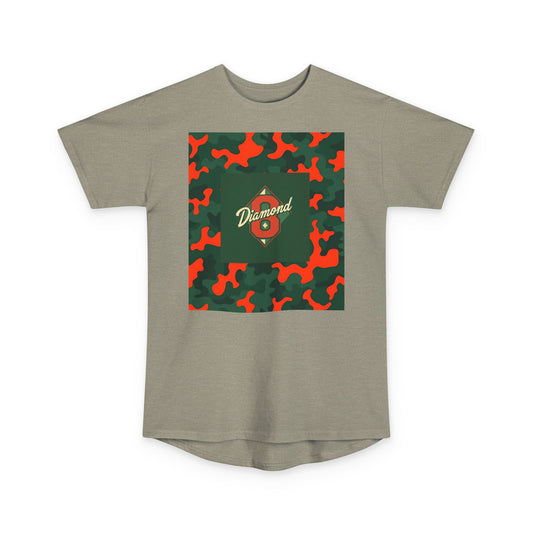 Urban Camo Long Body Tee, Trendy Streetwear, Summer Fashion Top, Unisex Casual Shirt, Gift for Him/Her - Green & Orange Camo Diamond 8