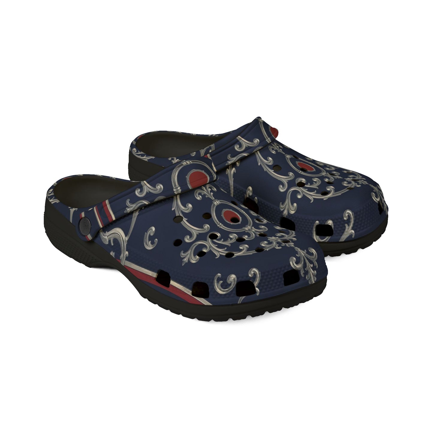 Stylish EVA Foam Clogs for Comfort and Fashion | Perfect for Garden, Home, Nursing, Gifts, Everyday Wear - Blue & Red Striped Silver Baroque