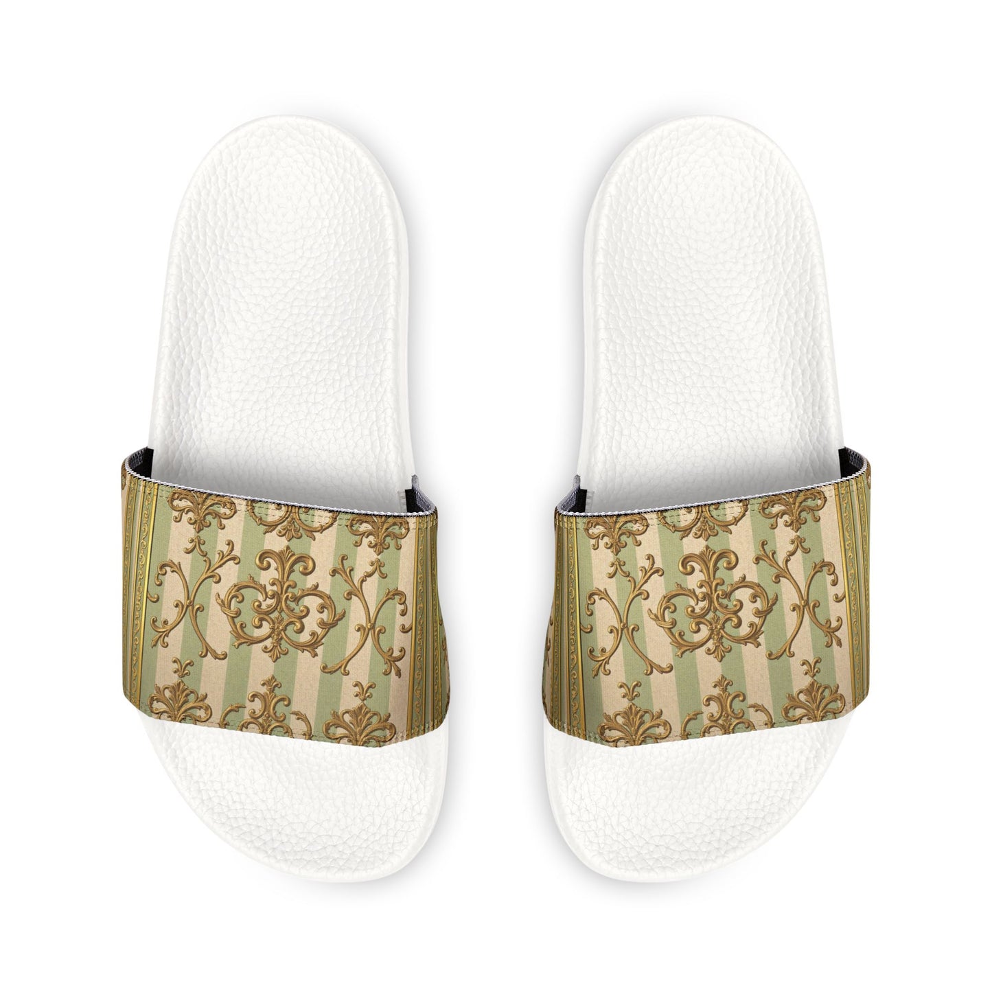 Chic Women's Sandals, Fashion Slip-On Sandals, Summer Flats, Trendy Beach Sandals, Stylish Casual Footwear - Mint & Beige Striped Gold Baroque