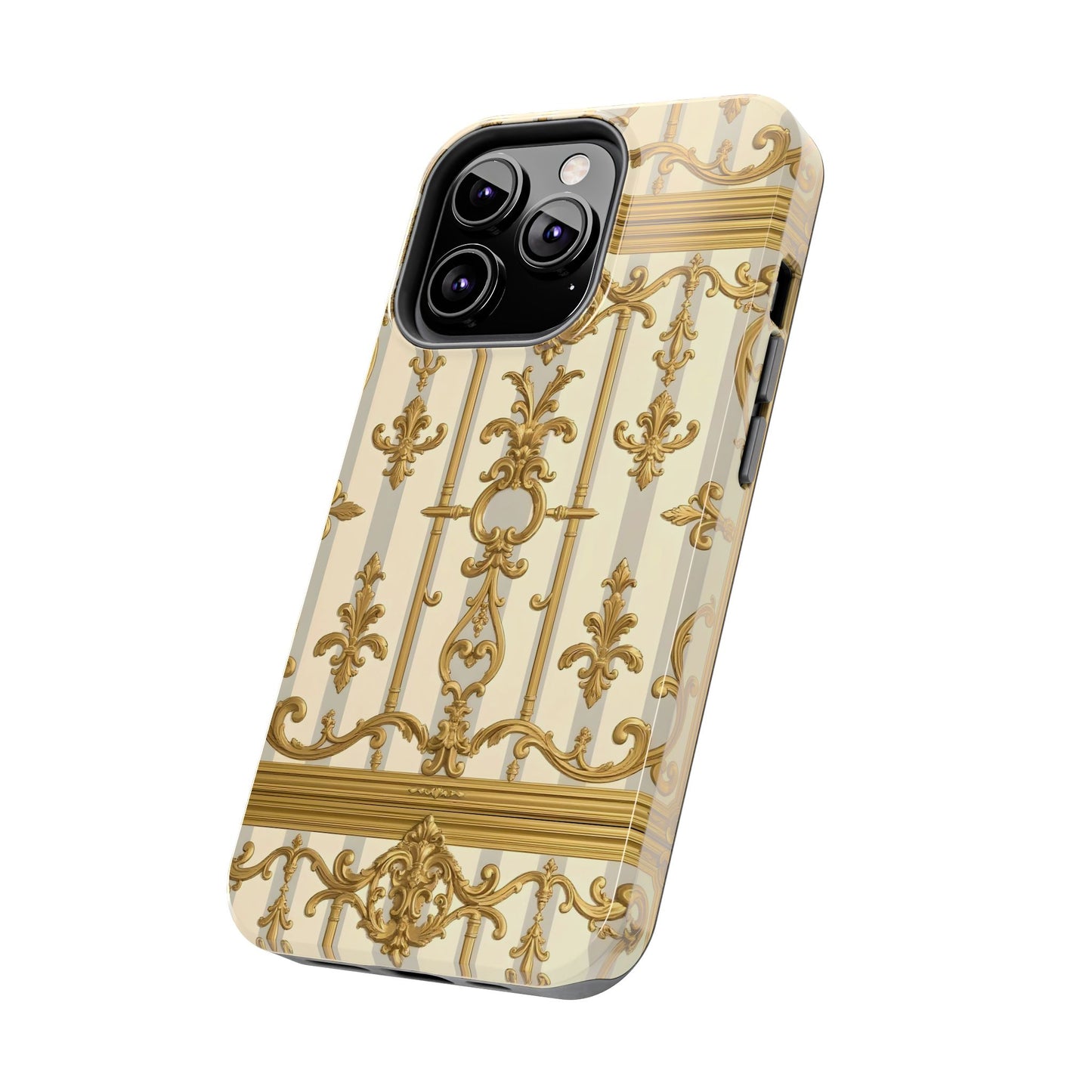 Elegant Gold Pattern Tough Phone Cases | Stylish Phone Covers, Trendy Cell Phone Accessories - Matte Gray & Cream Striped Gold Baroque