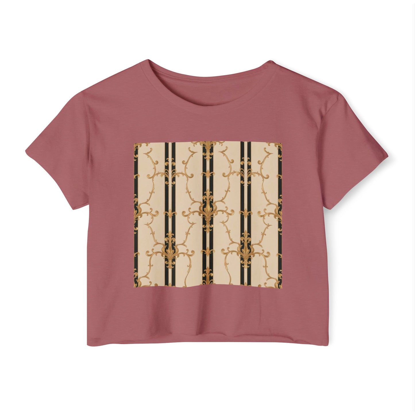 Festival Crop Top, Stylish Summer Tee, Trendy Women's Shirt, Festival Wear, Perfect for Music Events - Black & Beige Striped Damask