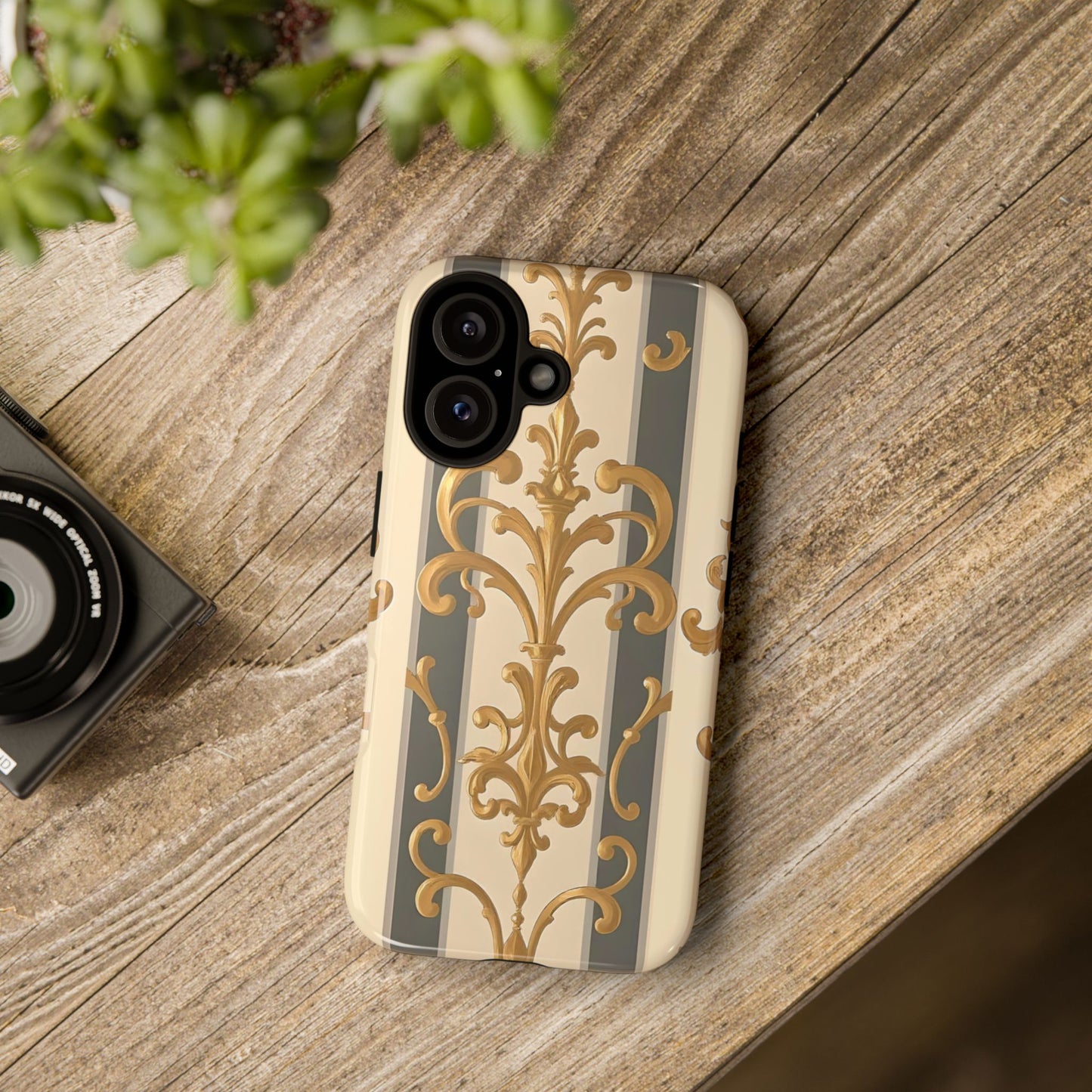 Elegant Floral Motif Phone Case - Tough Cases with Vintage Design - Dusk Olive Striped Gold Damask