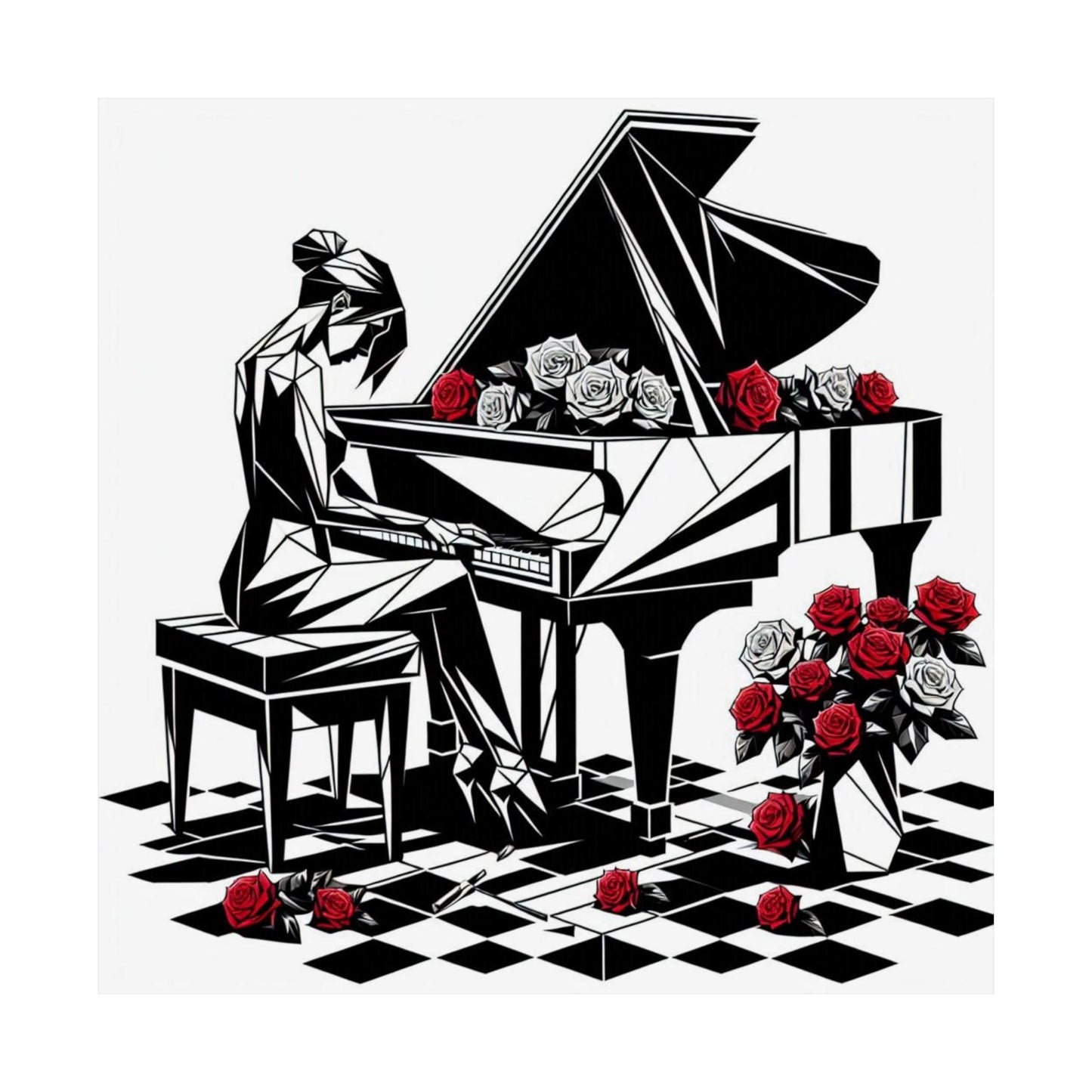 Vertical Poster - Black & White Grand Piano & Red Roses Design