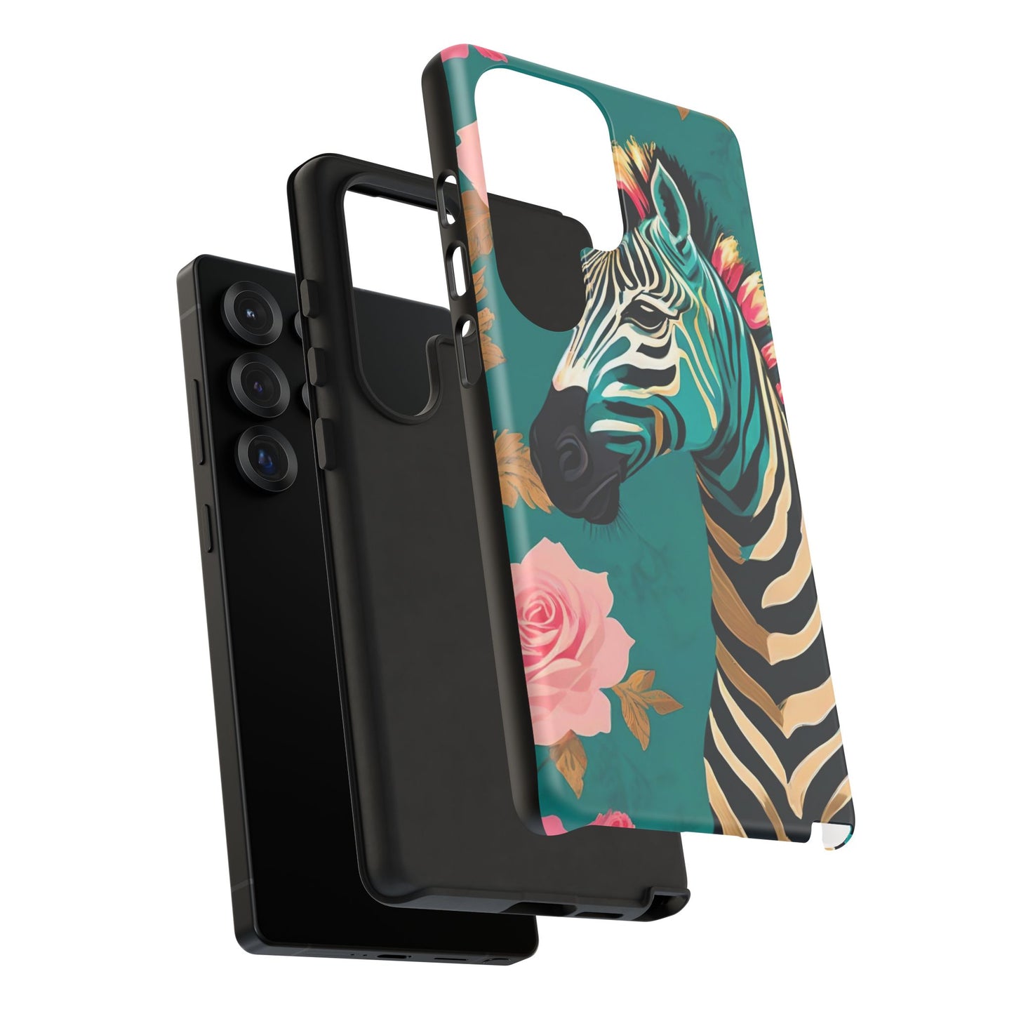 Phone Case - Elegant Teal & Gold Zebra & Roses Design