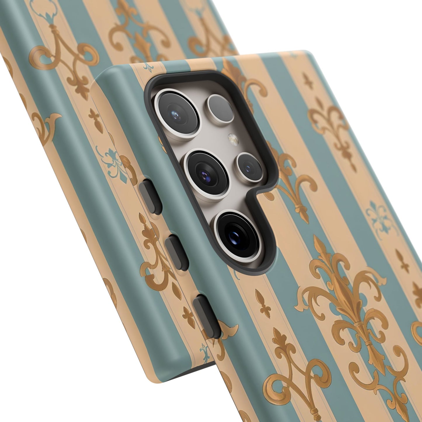 Elegant Floral Motif Phone Case - Tough Cases with Vintage Design -  Beige & Sky Blue Striped Gold Damask