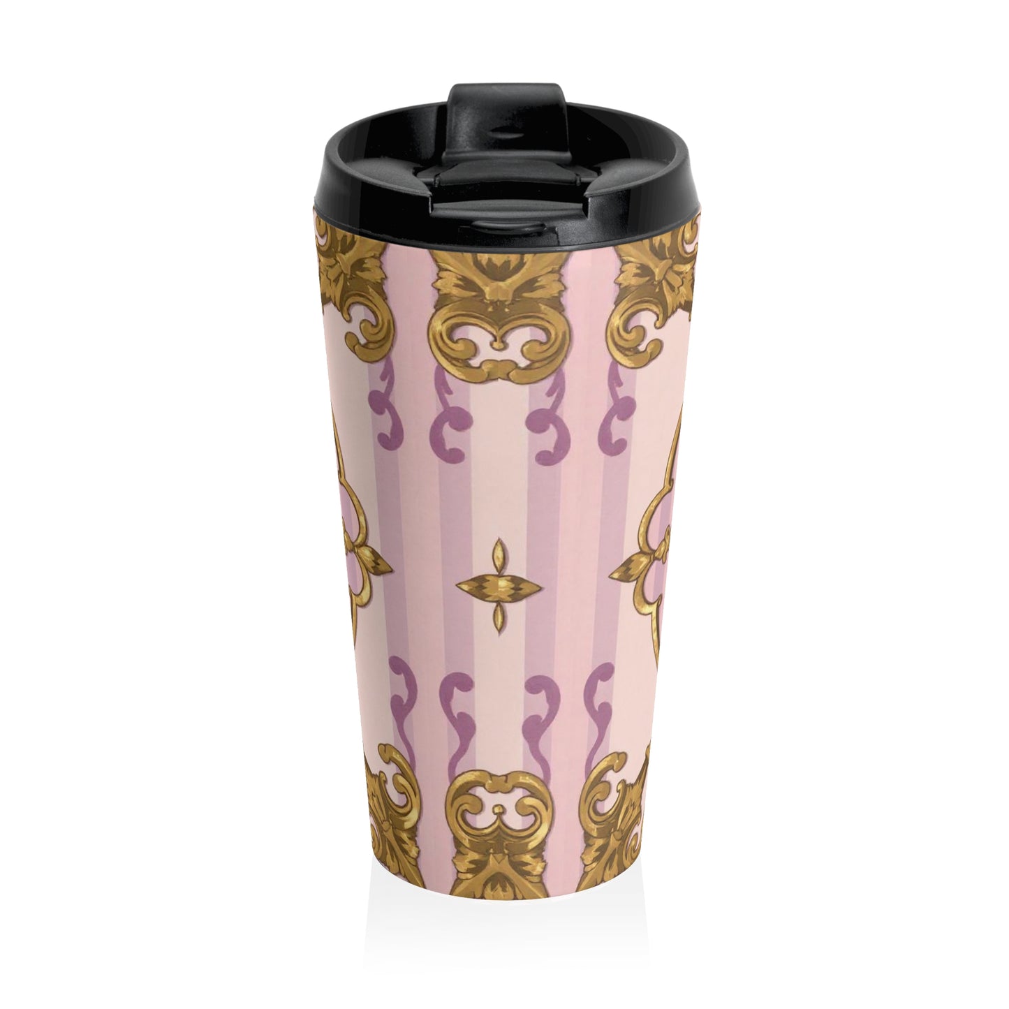 Elegant Lavender & Alabaster Striped Gold Baroque Vintage Inspired Stainless Steel Travel Mug | Perfect for Coffee Lovers, Gift for Her, Bridal Shower
