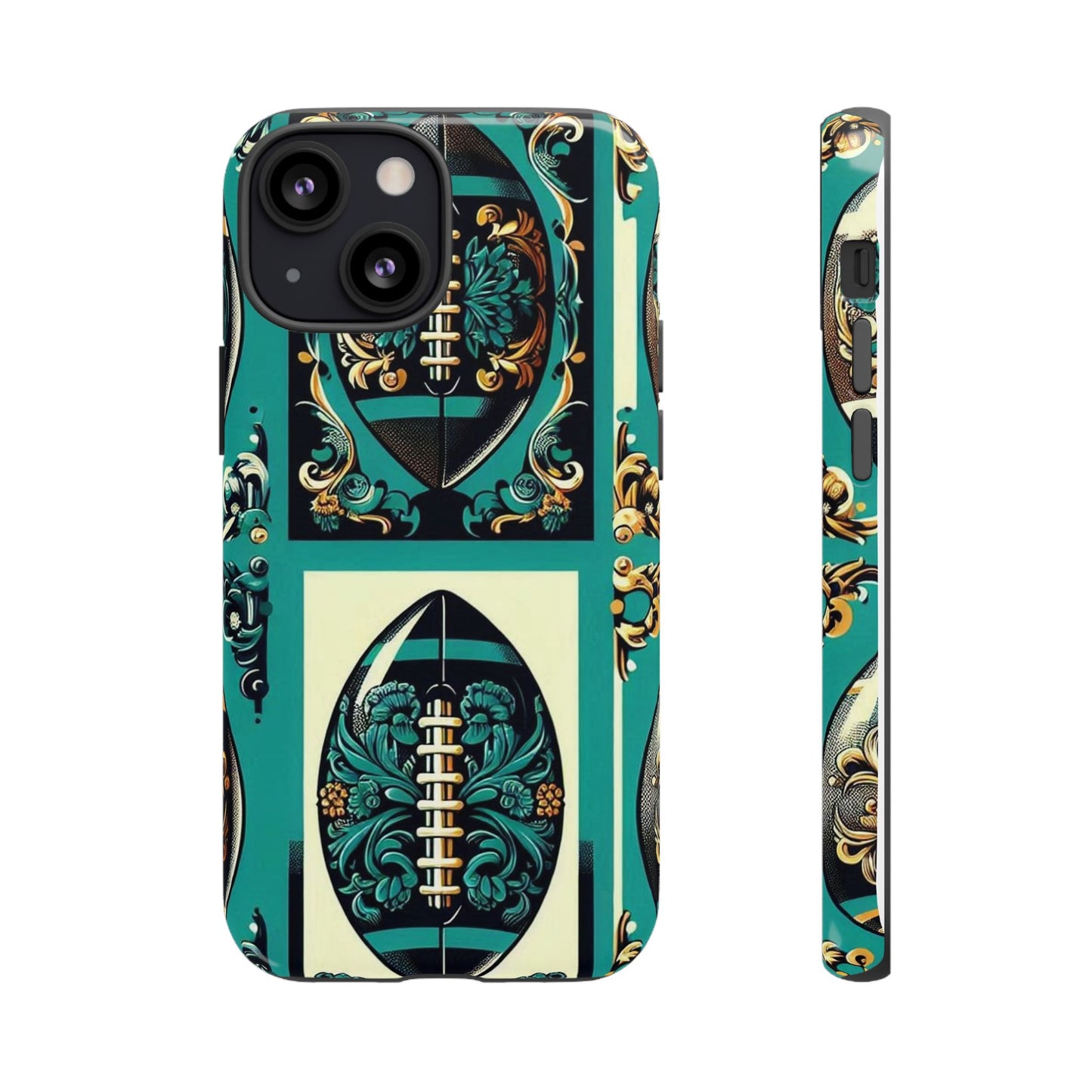 Elegant Floral Motif Phone Case - Tough Cases with Vintage Design -  Damask Teal, Gold & Black Footballs