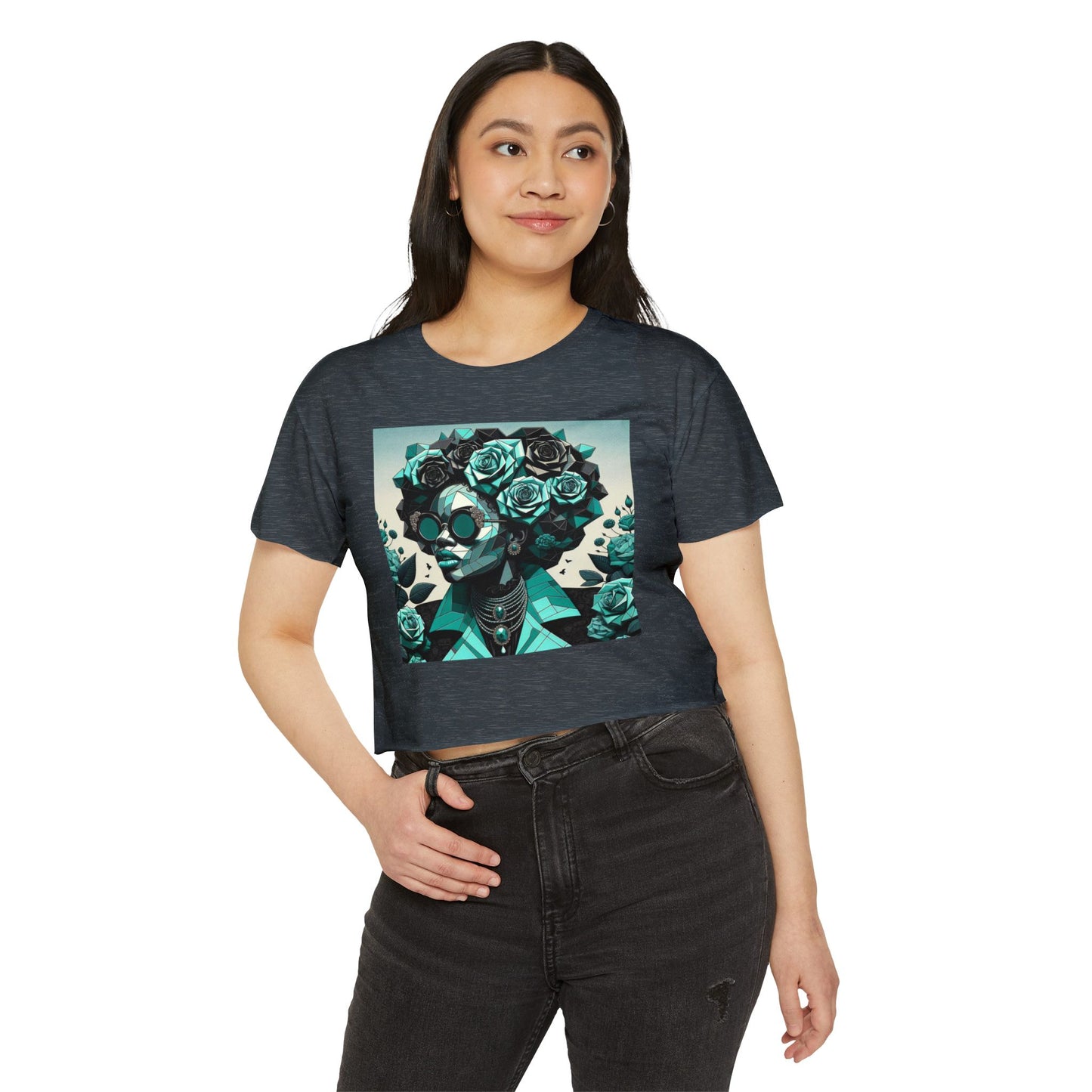 Women's Festival Crop Top with Artistic Floral Design, Boho Clothing, Trendy Summer Style, Perfect for Music Festivals - Turquoise & Black Roses Lady