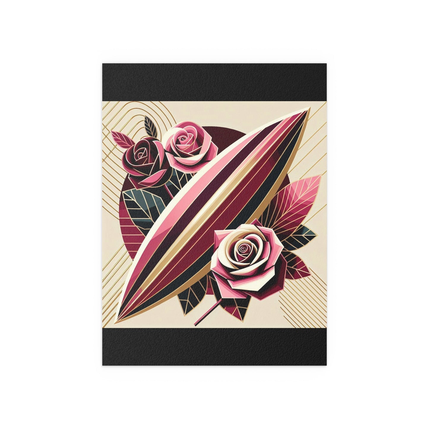 Elegant Floral Silk Poster - Indoor/Outdoor Wall Art for Home Decor - Pink & Burgundy Striped Surfboard & Roses