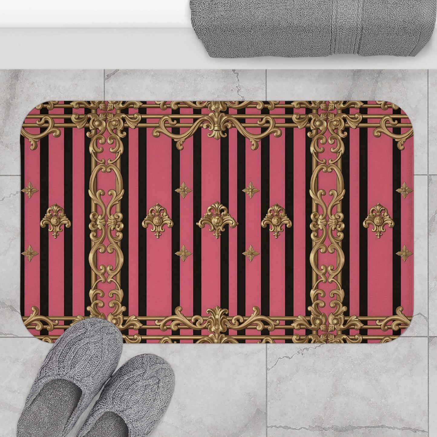 Elegant Pink and Gold Striped Bath Mat, Luxurious Home Decor for Bathroom, Wedding Gift, Spa Gift, Bathroom Accessories - Pink Striped Gold Rococo