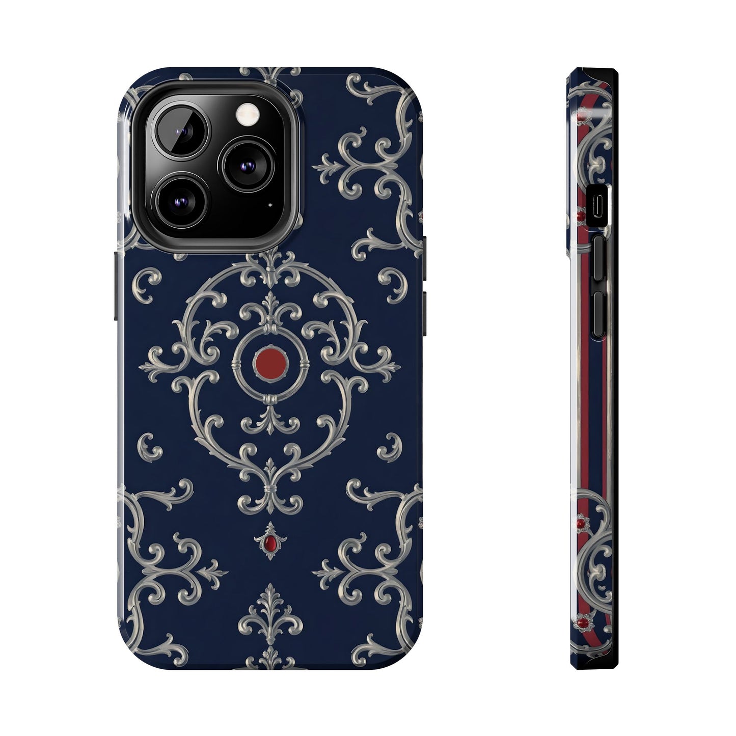 Elegant Patterned Tough Phone Cases for Stylish Protection, Gift for Her, Unique Accessories - Blue & Red Striped Silver Baroque