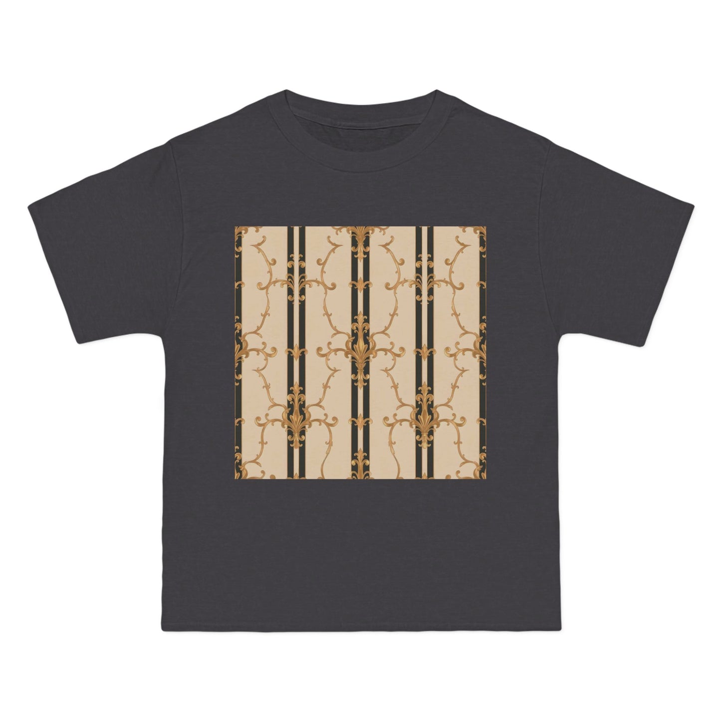 Stylish Graphic Tee for Casual Wear, Fashionable Short-Sleeve Shirt, Unique Summer Top - Black & Beige Striped Damask