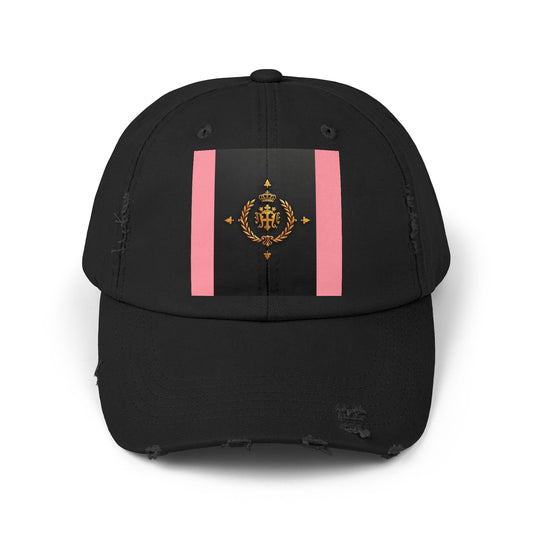 Stylish Unisex Distressed Cap with Trendy Design, Casual Accessories for Everyday Wear, Fashion Statement Cap - Pink Striped Gold Crest