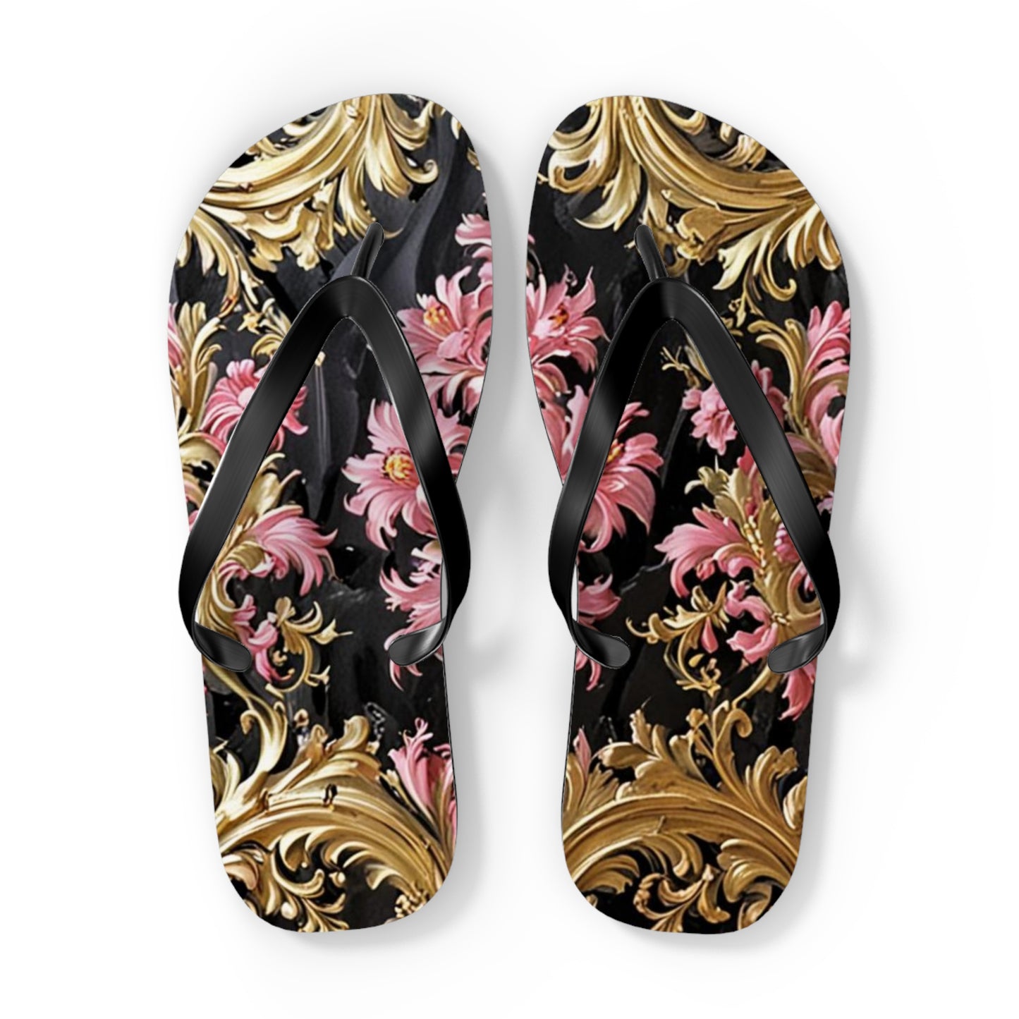 Elegant Floral Flip Flops - Summer Footwear, Beach Sandals, Vacation Accessories, Travel Essentials - Black & Pink Oil Painting Style Rococo