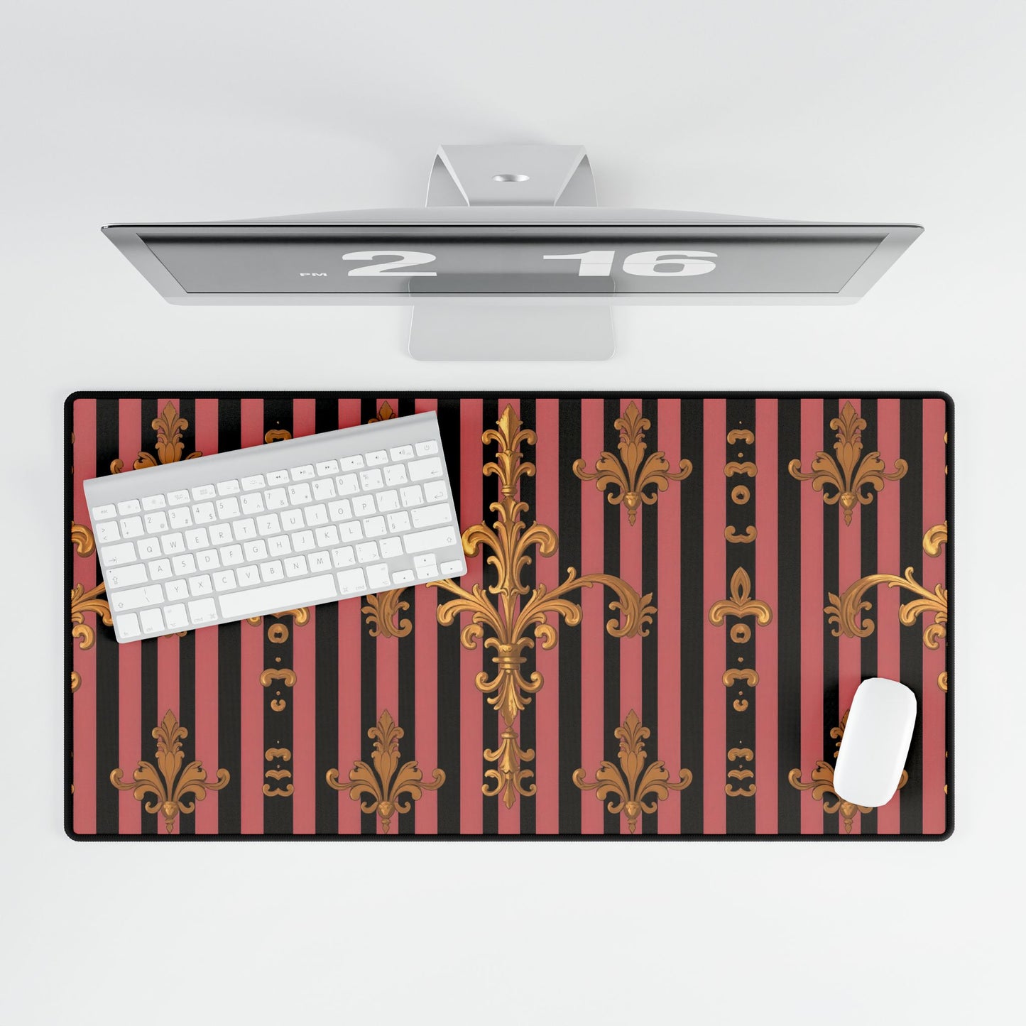 Elegant Floral Motif Desk Mat for Home Office Decor - Mauve Striped Gold Damask