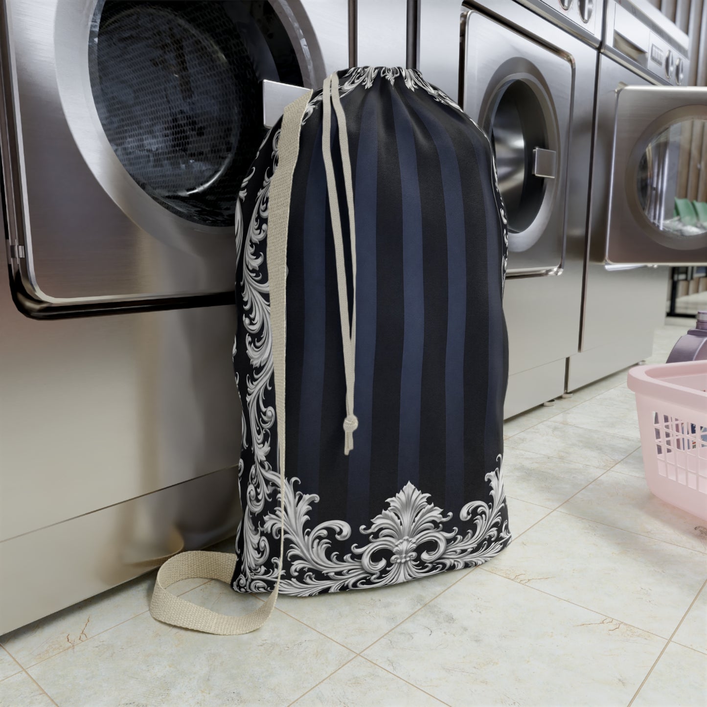 Navy Stripes & Baroque Laundry Bag — Elegant Navy Drawstring Hampers for Travel and Dorm