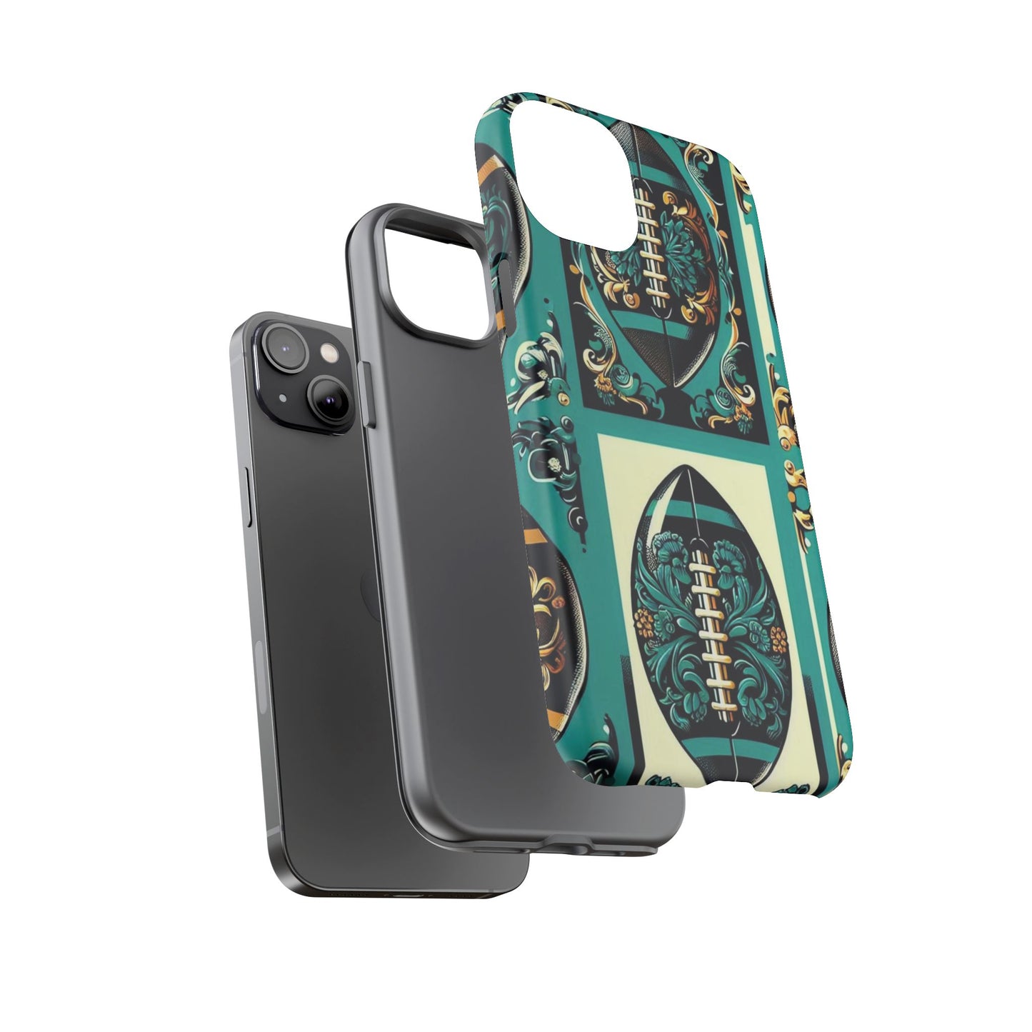 Elegant Floral Motif Phone Case - Tough Cases with Vintage Design -  Damask Teal, Gold & Black Footballs
