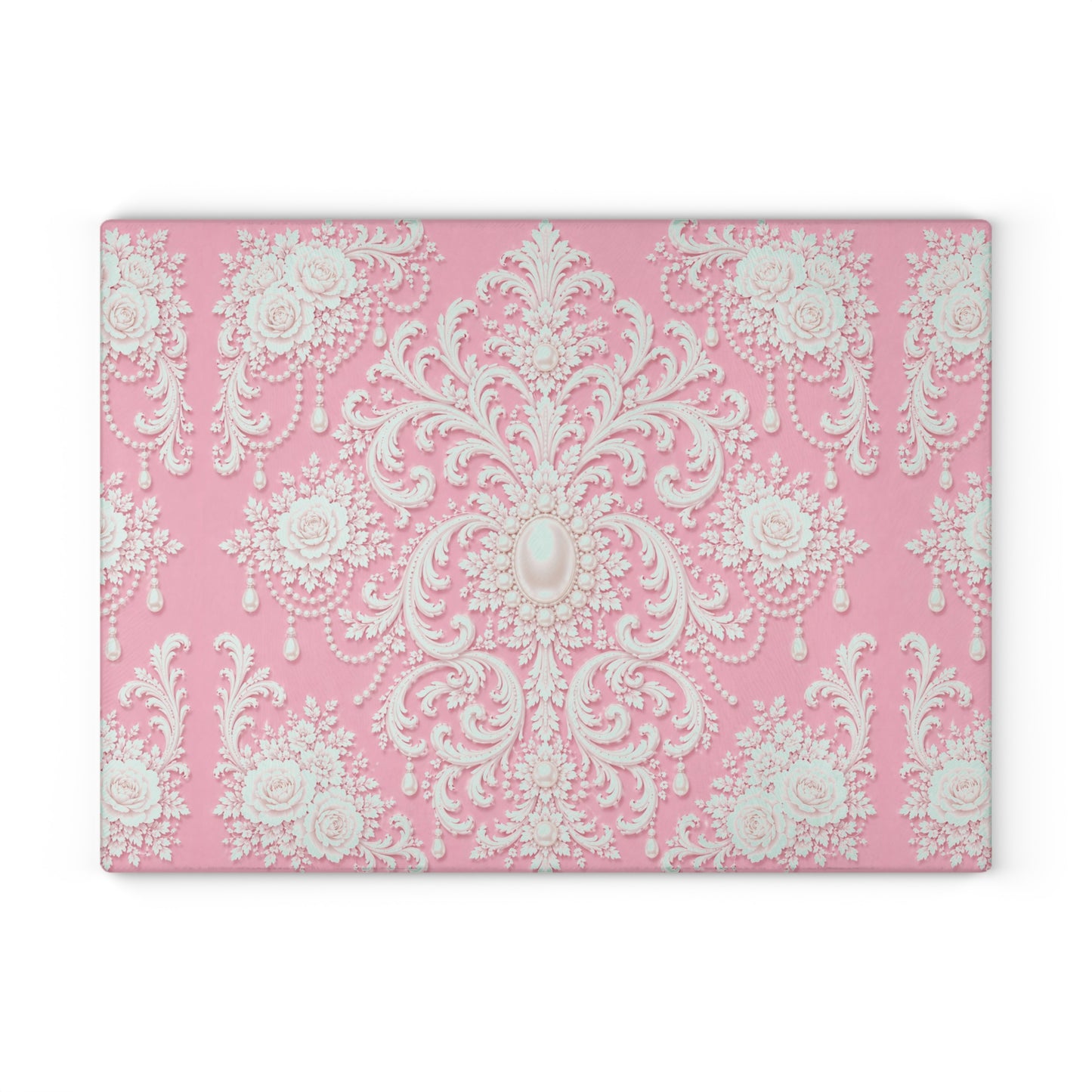 Pink Rococo Glass Cutting Board – Elegant Floral Pattern Kitchen Board