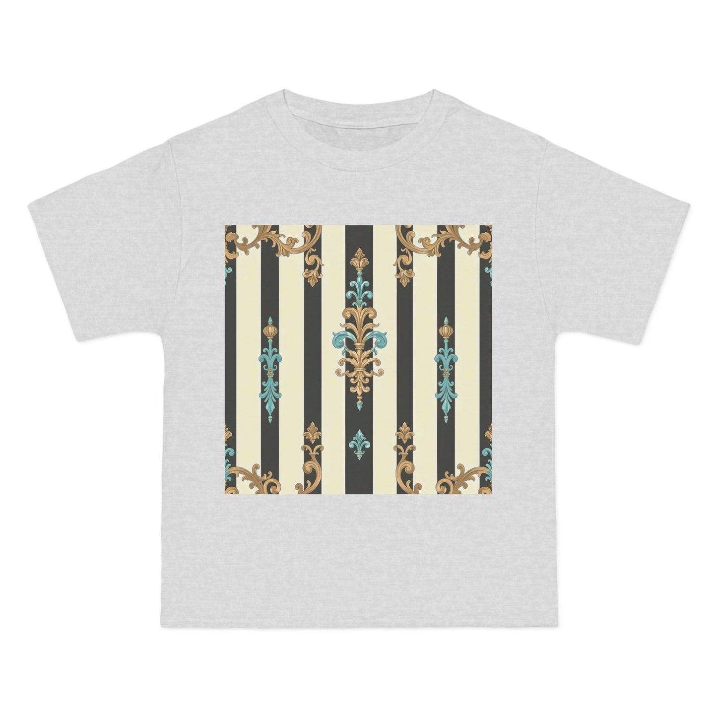 Elegant Floral Pattern Tee, Vintage Style T-Shirt, Gift for Her, Casual Outfit - Black Striped Turquoise & Black Rococo