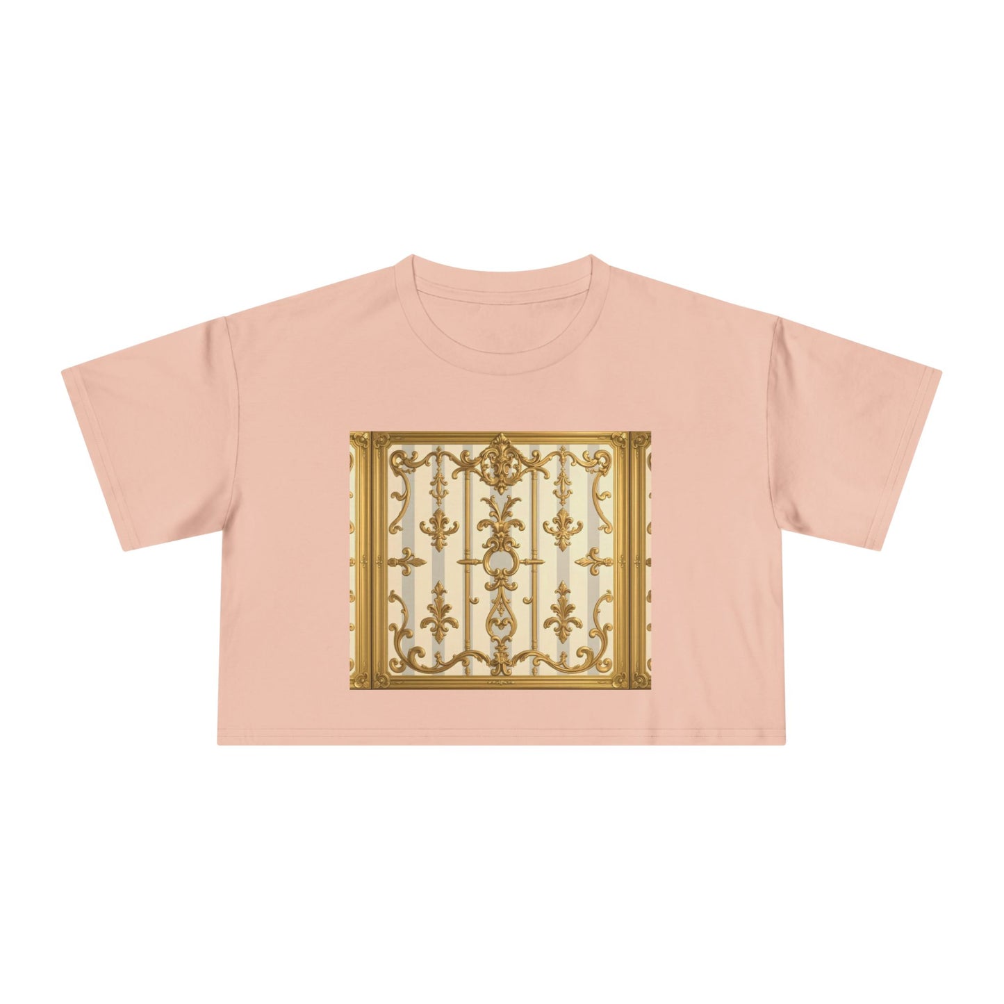 Elegant Vintage Women's Crop Tee, Stylish Oversized Top, Casual Summer Shirt, Trendy Women's Apparel - Matte Gray & Cream Striped Gold Baroque