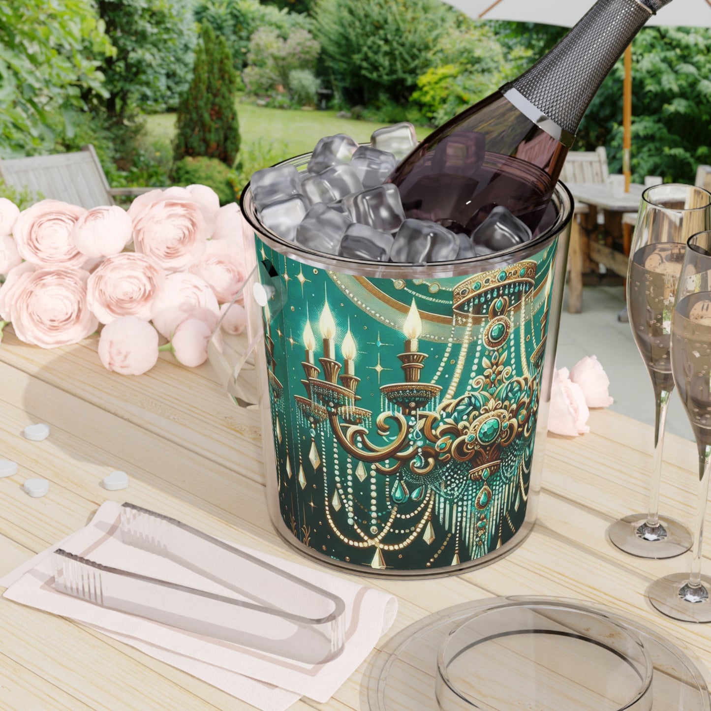 Ice Bucket with Tongs - Green & Gold Jeweled Chandelier