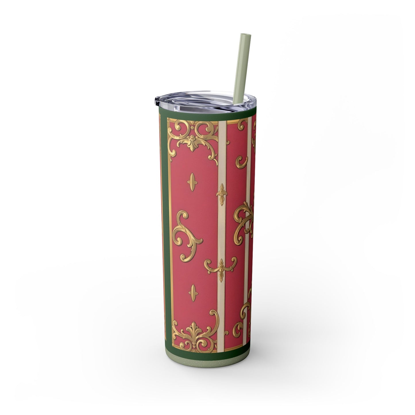Elegant Green Border Pink Striped Baroque Skinny Tumbler with Straw, Reusable Travel Mug, Gift for Her, Fashionable Drinkware