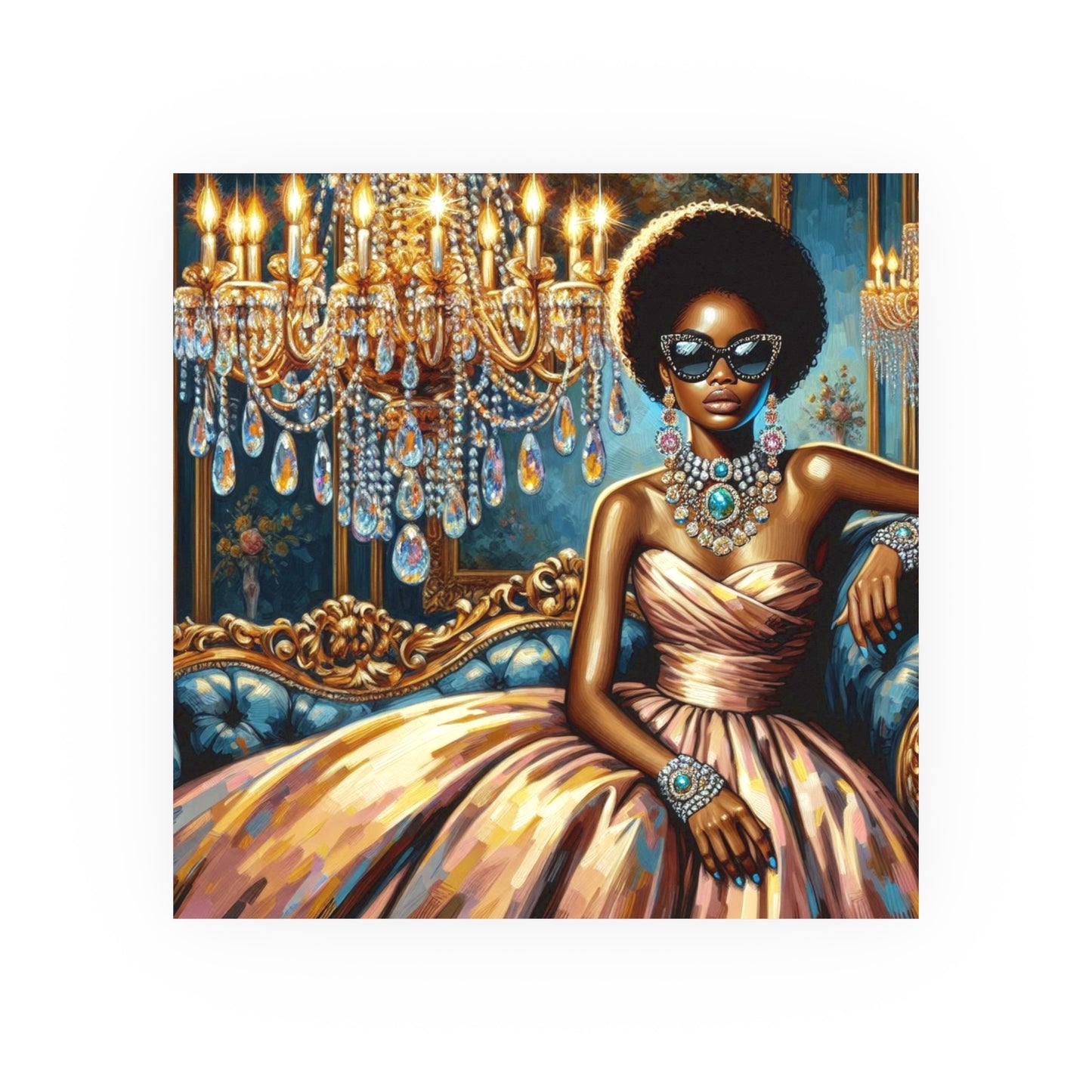Elegant Glamour Satin Poster, Wall Art Decor, Modern Home Gallery, Gift for Art Lovers, Chic Interior Decoration - Elegant Lady & Chandelier