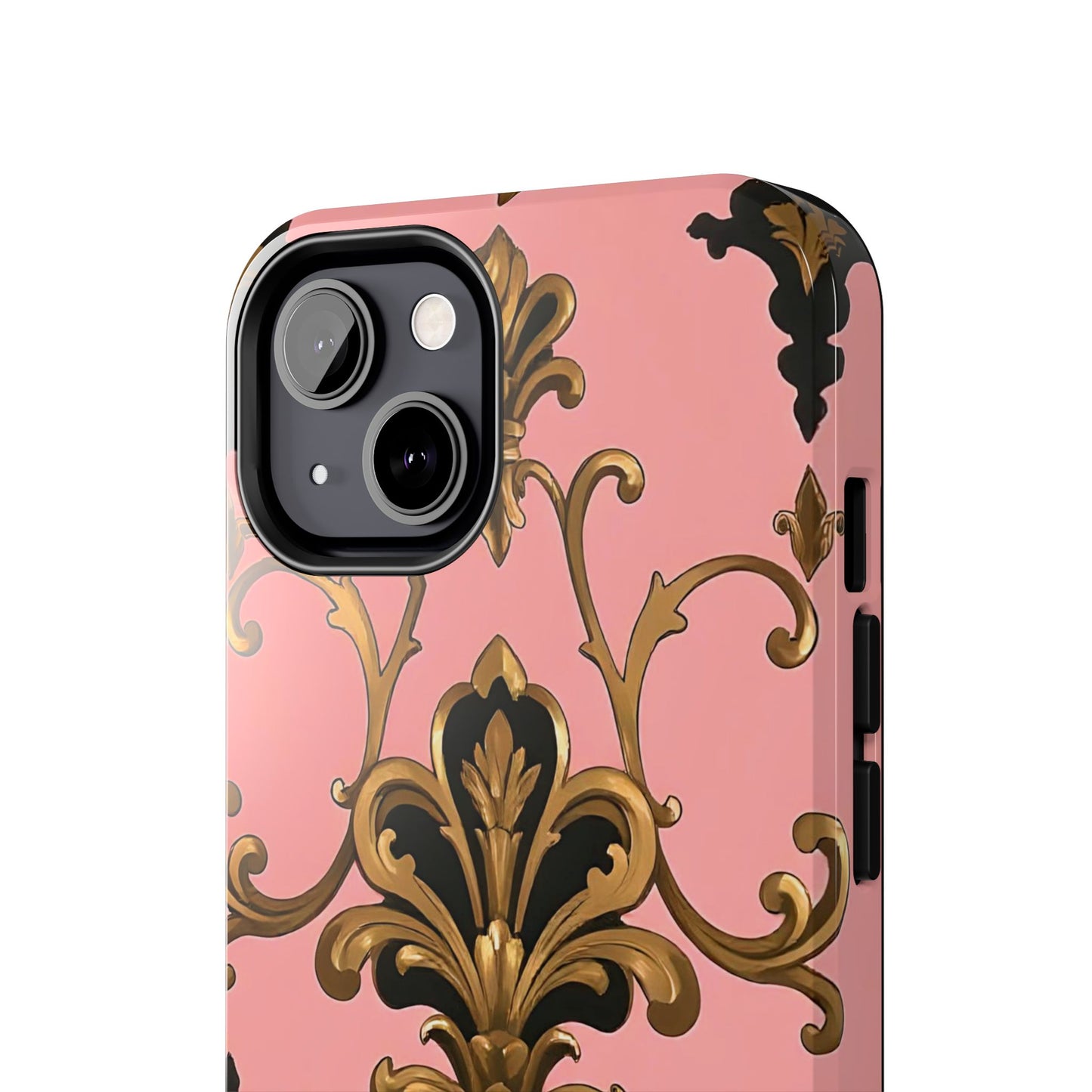 Chic Tough Phone Cases with Floral Design, Elegant Phone Cover, Durable Smartphone Case, Stylish Tech Accessory - Pink, Black & Gold Rococo