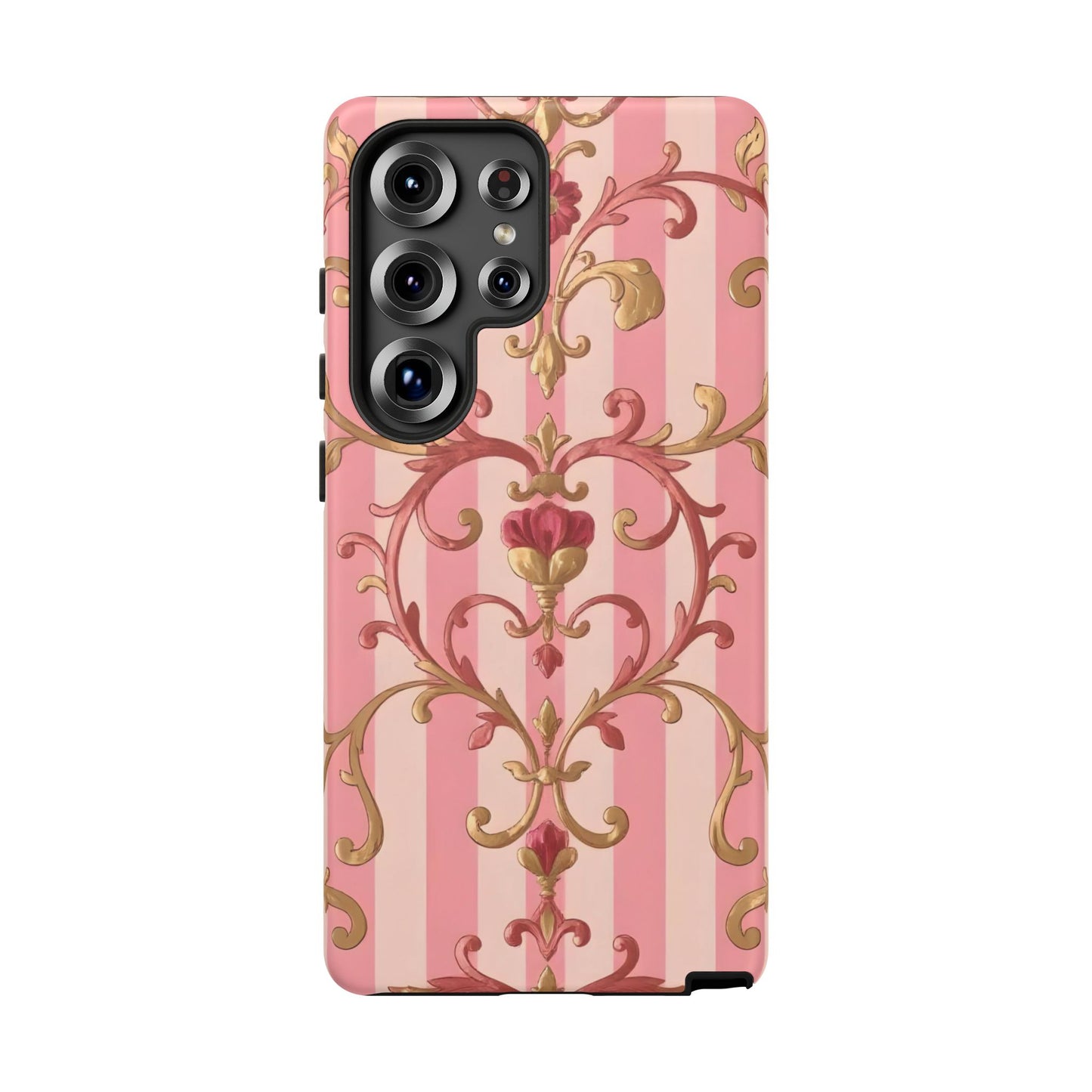 Elegant Floral Motif Phone Case - Tough Cases with Vintage Design - Pink Striped Rose Gold Damask