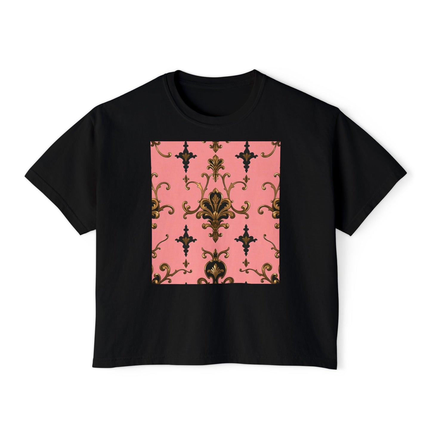 Vintage Floral Women's Boxy Tee, Casual Summer Top, Retro Fashion, Gifts for Her - Pink, Black & Gold Rococo