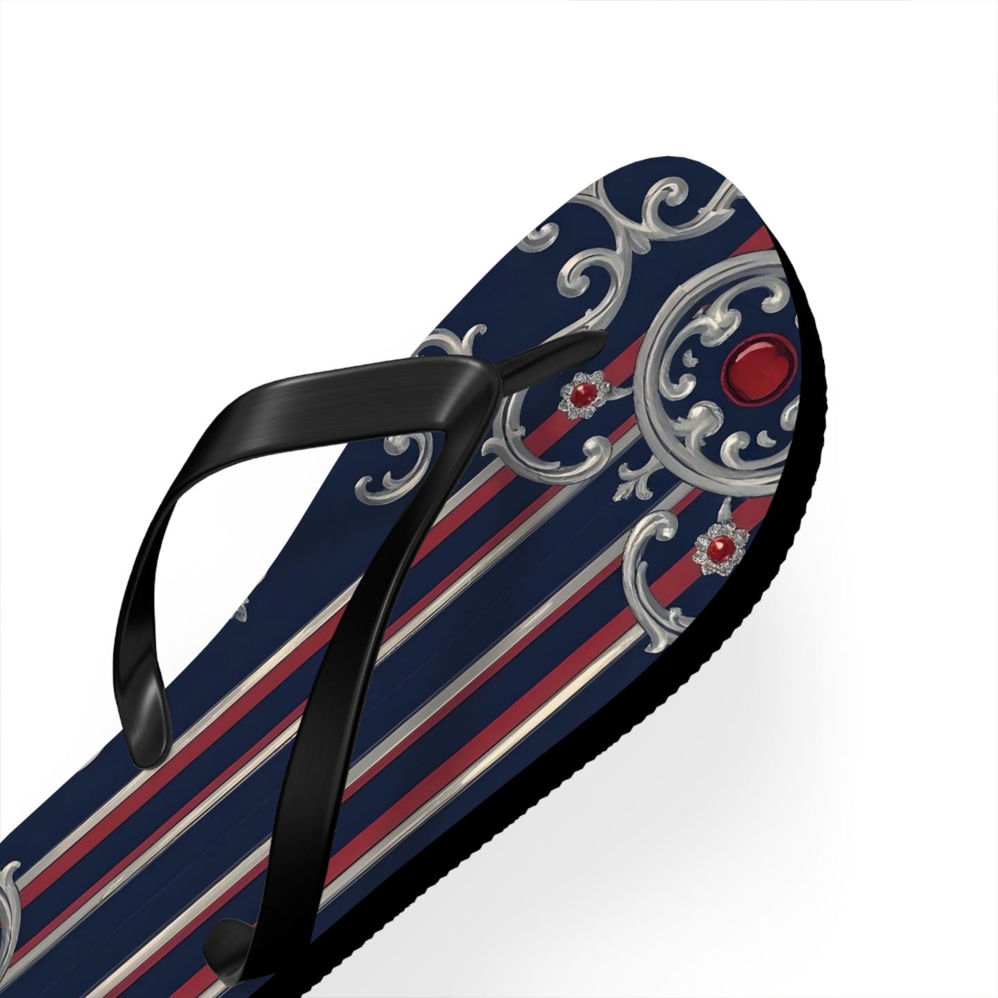 Elegant Nautical Flip Flops | Perfect for Beach Days, Summer Parties, Travel, Vacation, Poolside Relaxation - Blue & Red Striped Silver Baroque