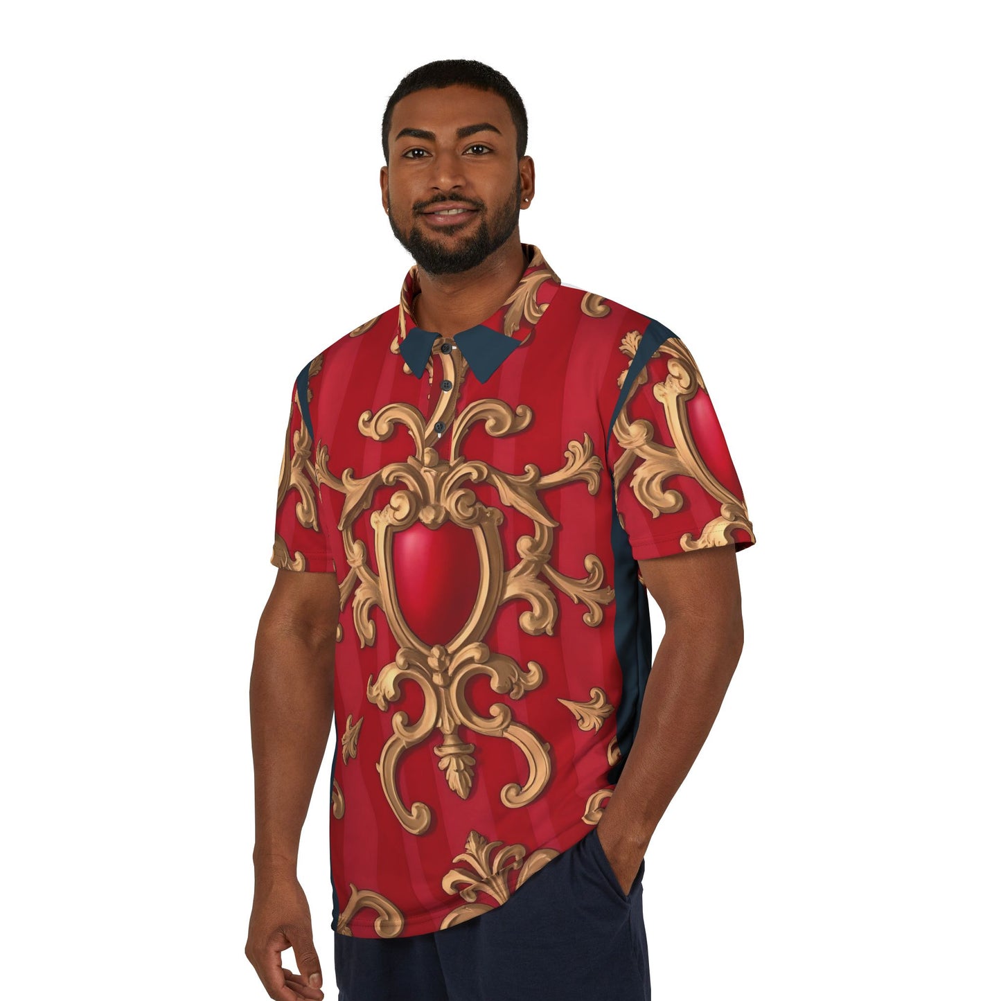 Luxurious AOP Unisex Polo Shirt | Elegant Red & Gold Design, Casual Wear, Stylish Outfit for Men & Women - Blue, Red & White Striped Baroque