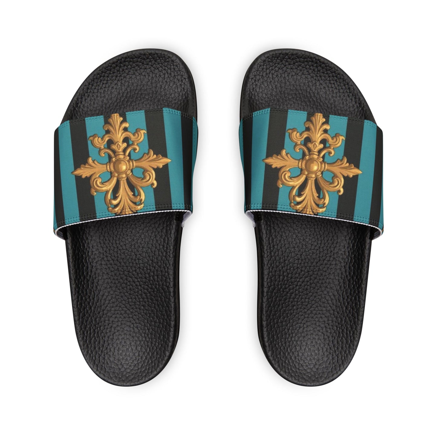 Stylish Turquoise & Black Striped Gold Baroque Removable-Strap Sandals with Elegant Design, Fashion Footwear for Summer, Beach, Vacation