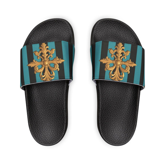 Stylish Turquoise & Black Striped Gold Baroque Removable-Strap Sandals with Elegant Design, Fashion Footwear for Summer, Beach, Vacation